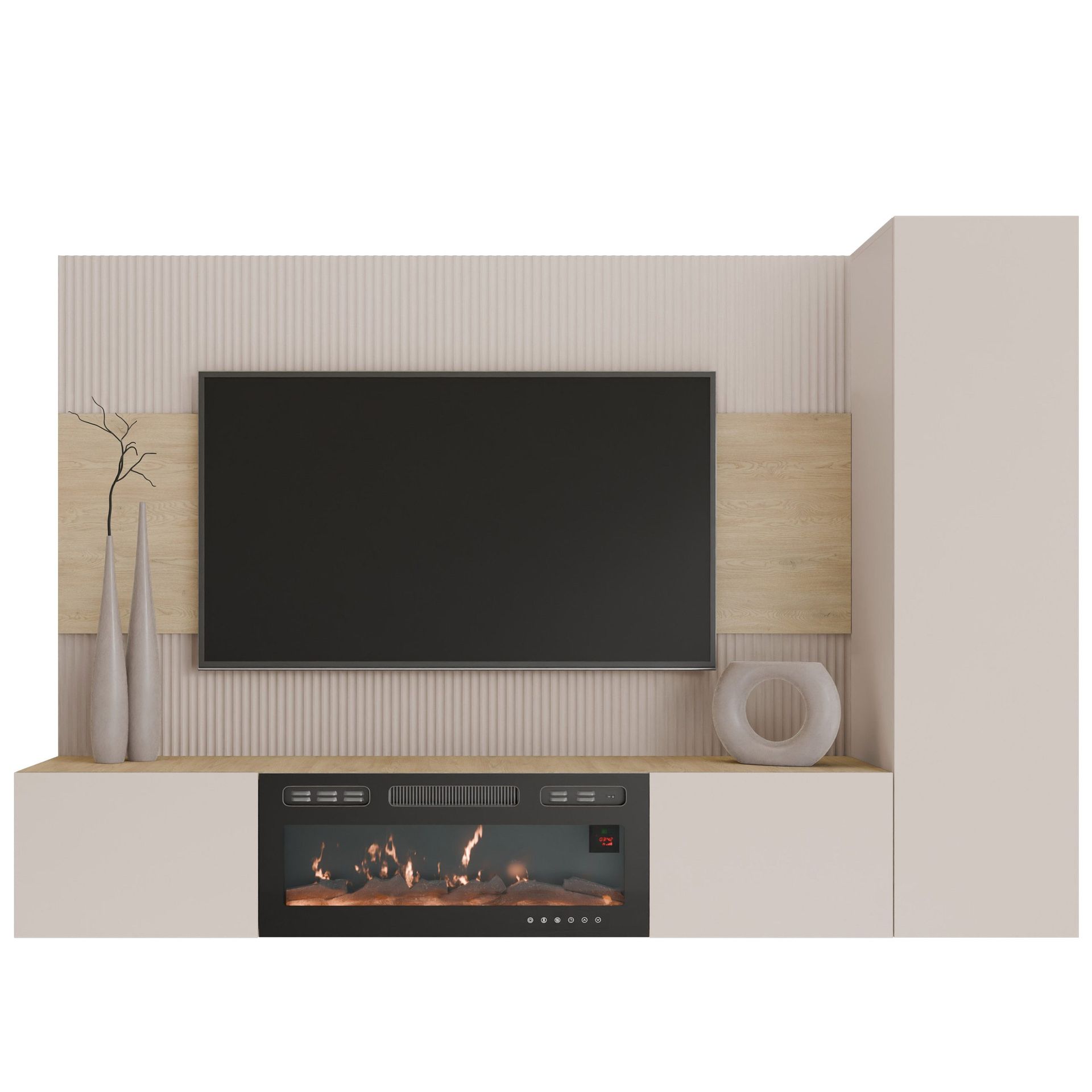 Bernice Tv-väggskåp 220 cm Elkamin med Värmefunktion och LED-belysning - beige, brun
