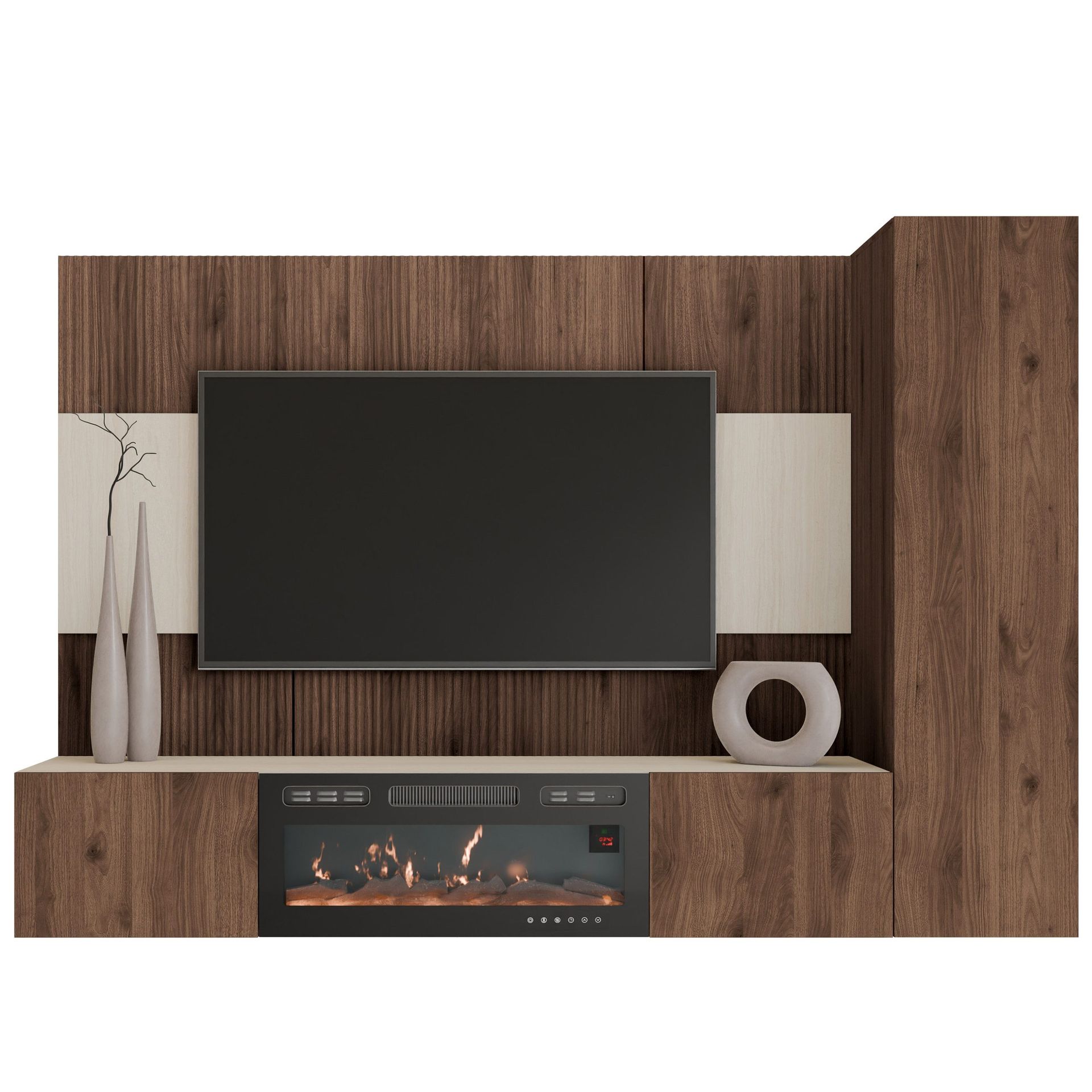 Bernice Tv-väggskåp 220 cm Elkamin med Värmefunktion och LED-belysning - brun