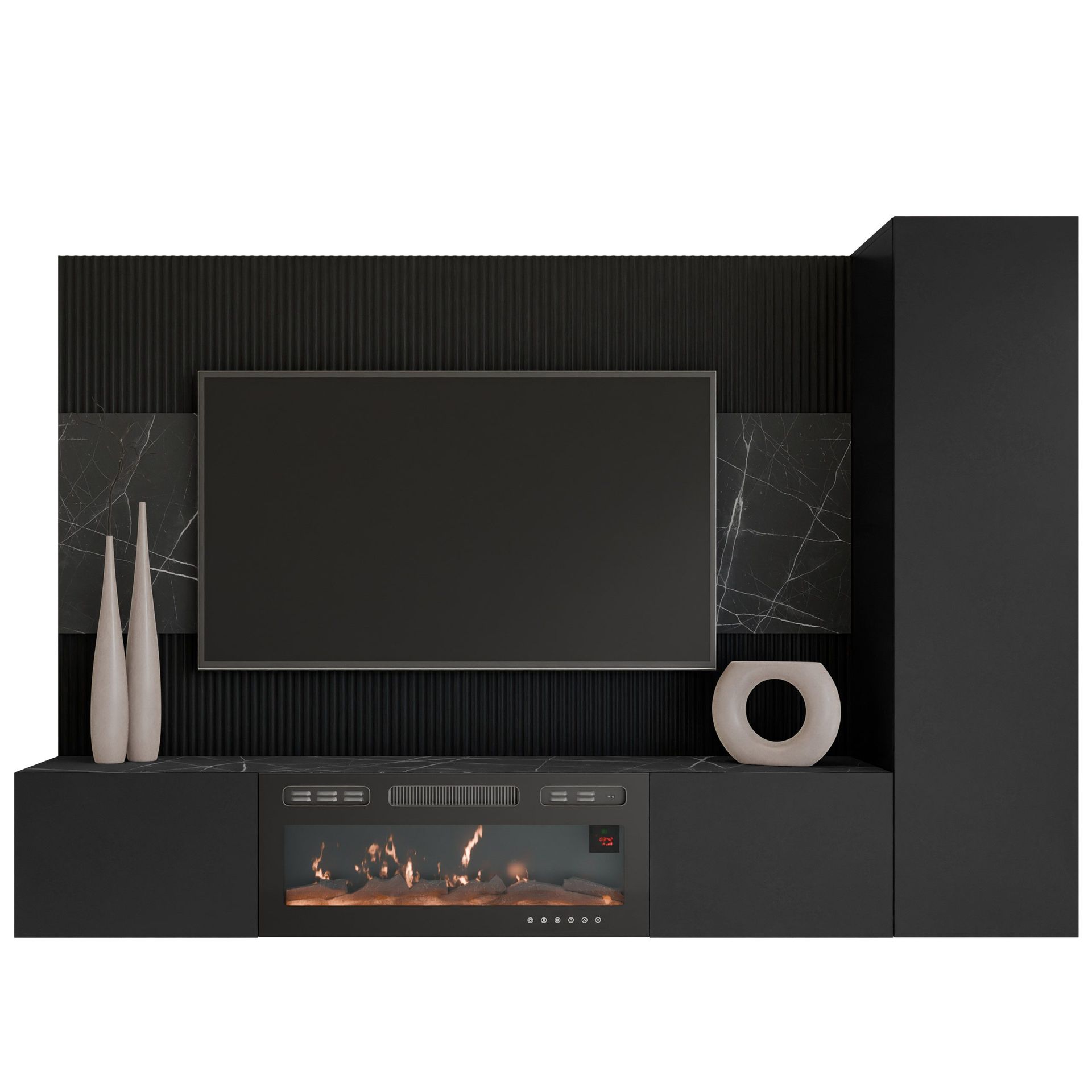 Bernice Tv-väggskåp 220 cm Elkamin med Värmefunktion och LED-belysning - svart