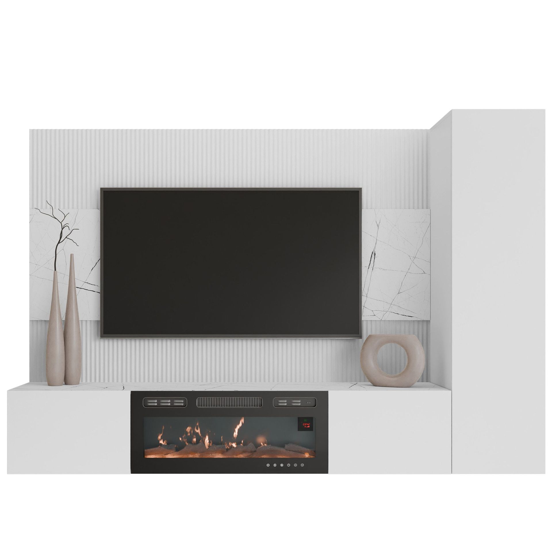 Bernice Tv-väggskåp 220 cm Elkamin med Värmefunktion och LED-belysning - vit