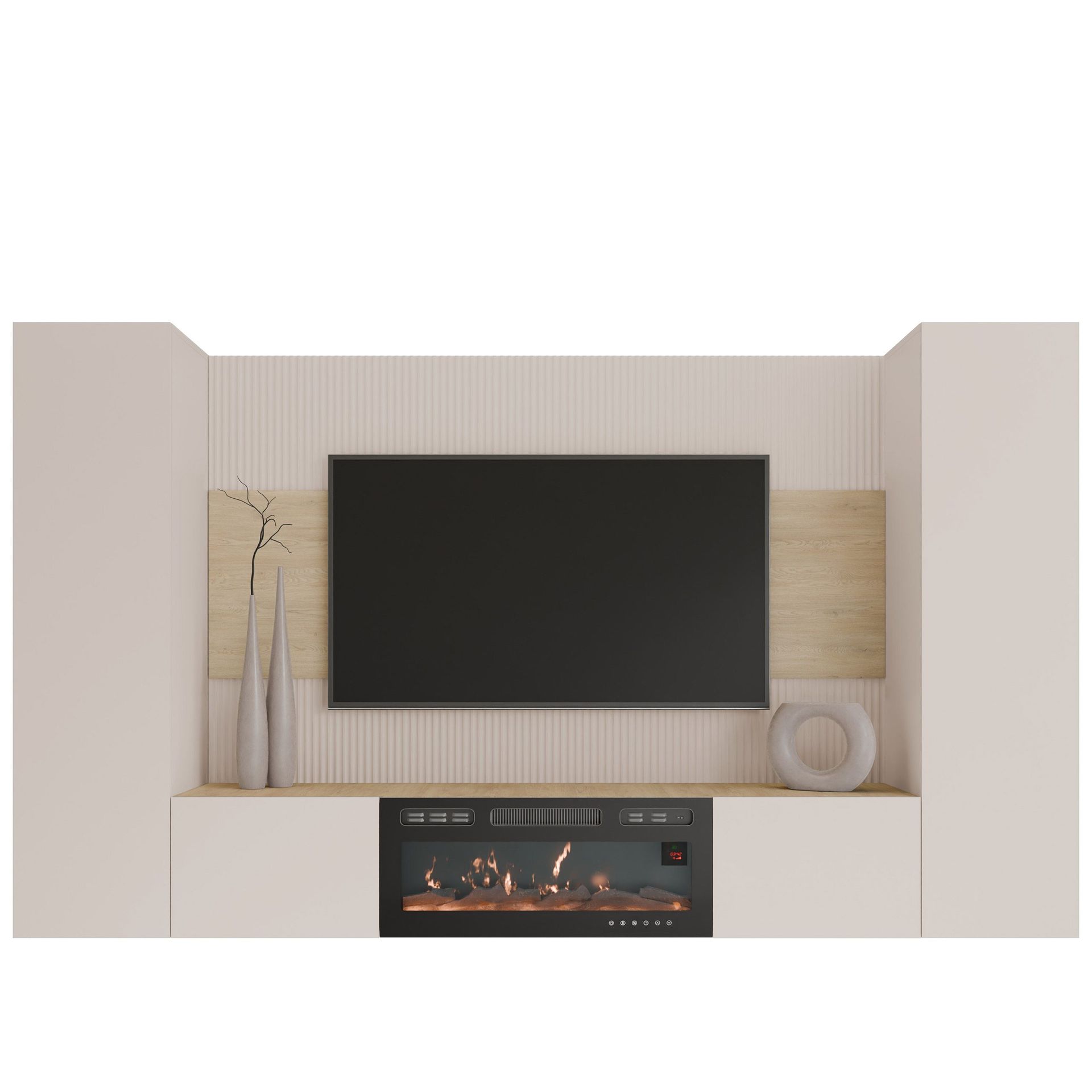 Bernice Tv-väggskåp 260 cm Elkamin med Värmefunktion och LED-belysning - beige, brun