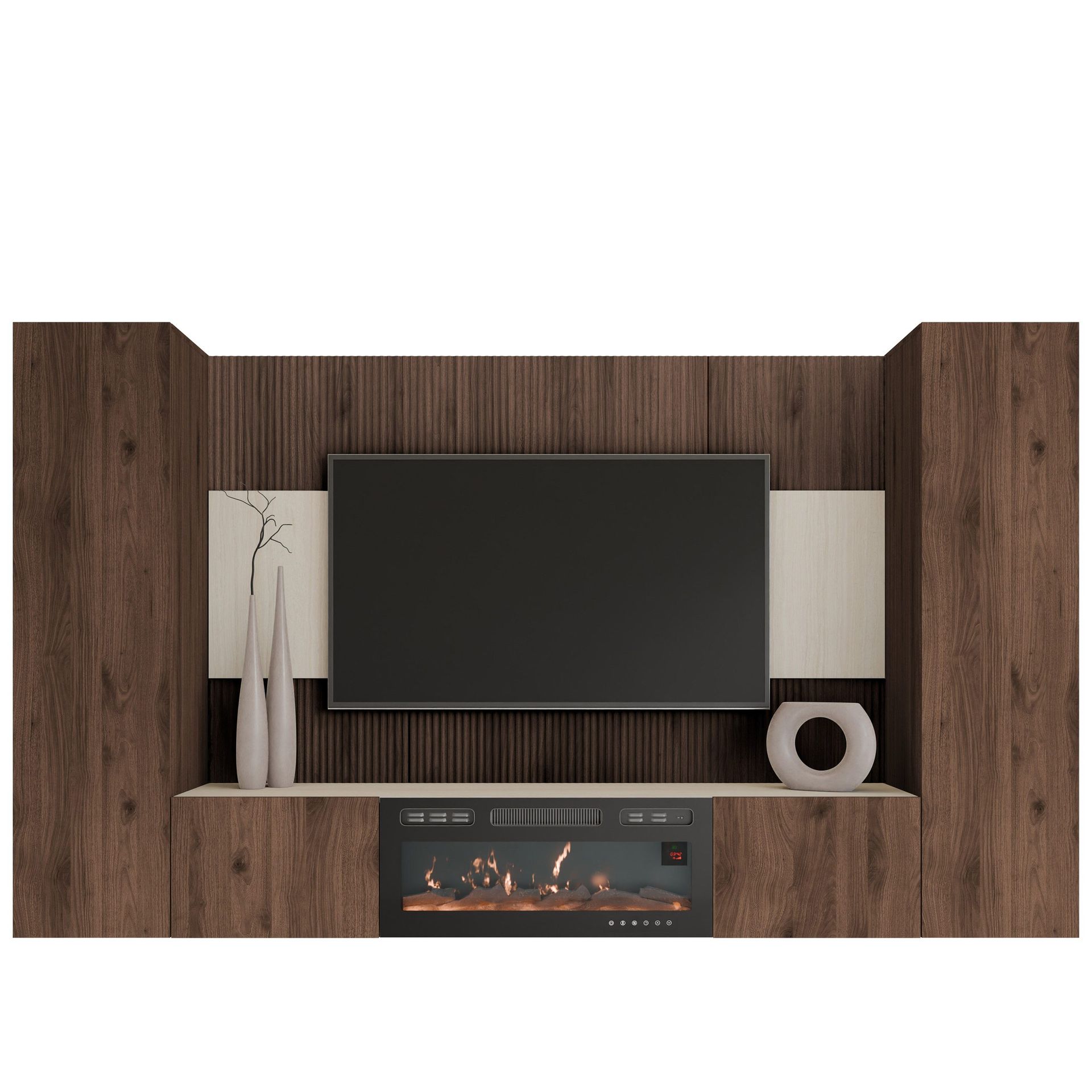 Bernice Tv-väggskåp 260 cm Elkamin med Värmefunktion och LED-belysning - brun
