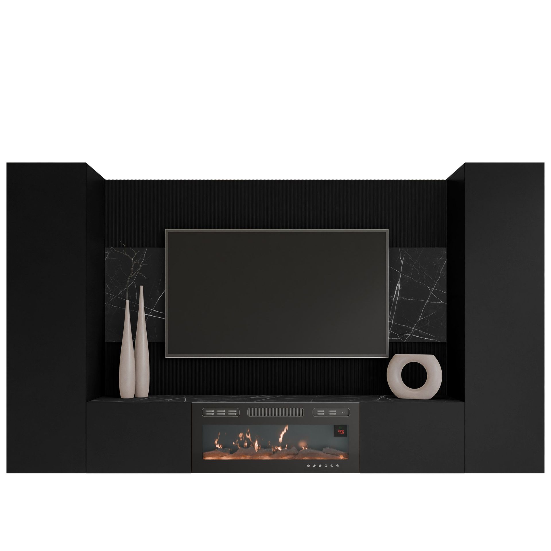 Bernice Tv-väggskåp 260 cm Elkamin med Värmefunktion och LED-belysning - svart