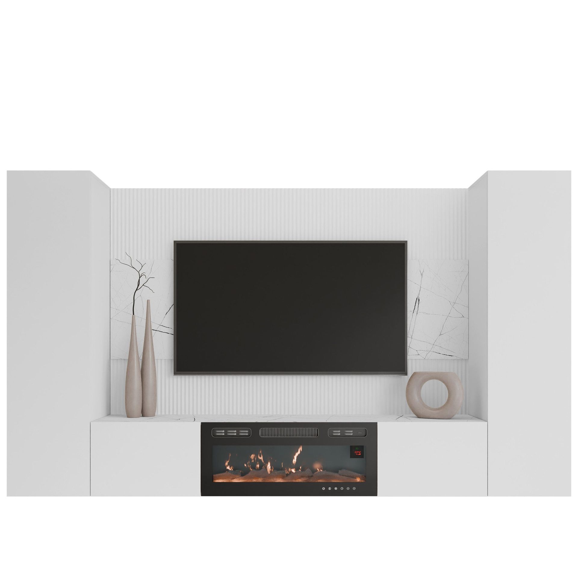 Bernice Tv-väggskåp 260 cm Elkamin med Värmefunktion och LED-belysning - vit