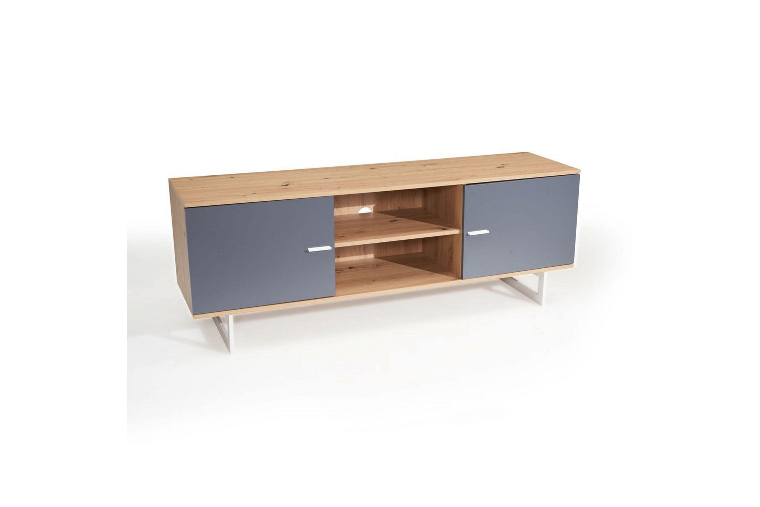 Lowboard Wohnling modernt spånskiva,2 dörrar, förvaringsbrickor, metallben, modern stil Ek, GråEk, Grå