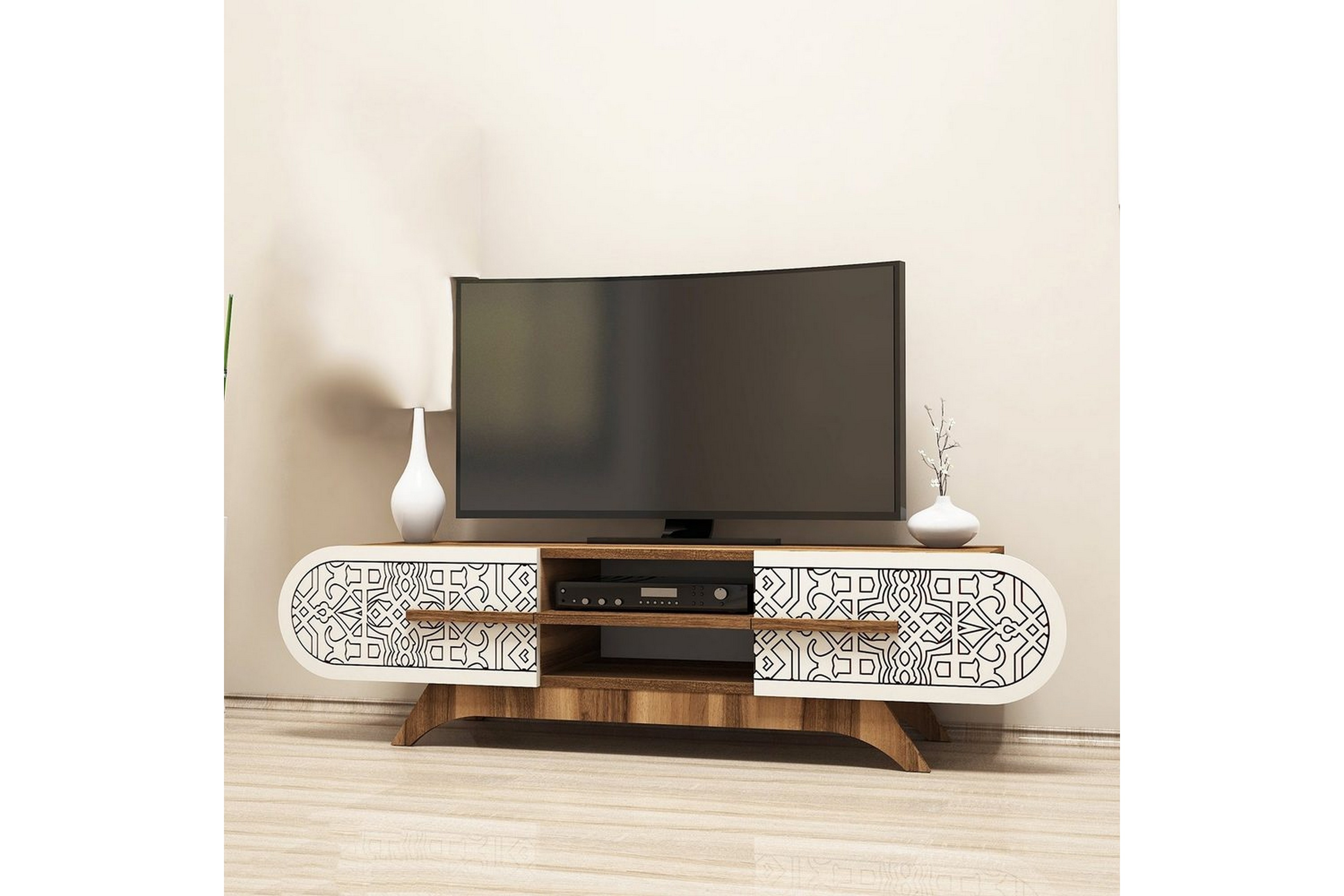 defneia tv-bänk 145 cm - valnöt/cream