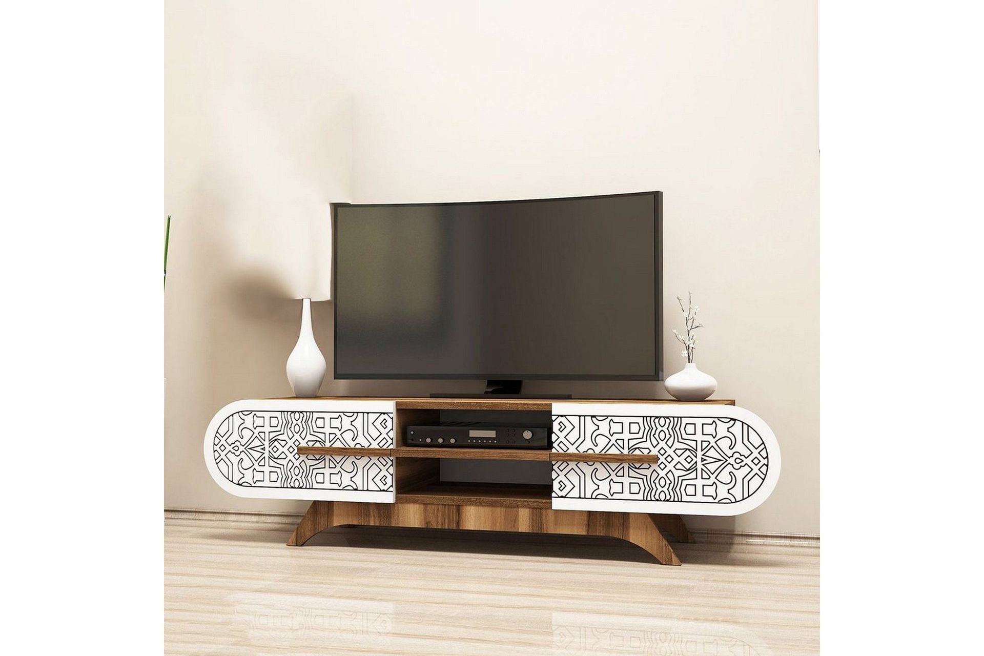 Defneia Tv-b&auml;nk 145 cm - Vit/Natur