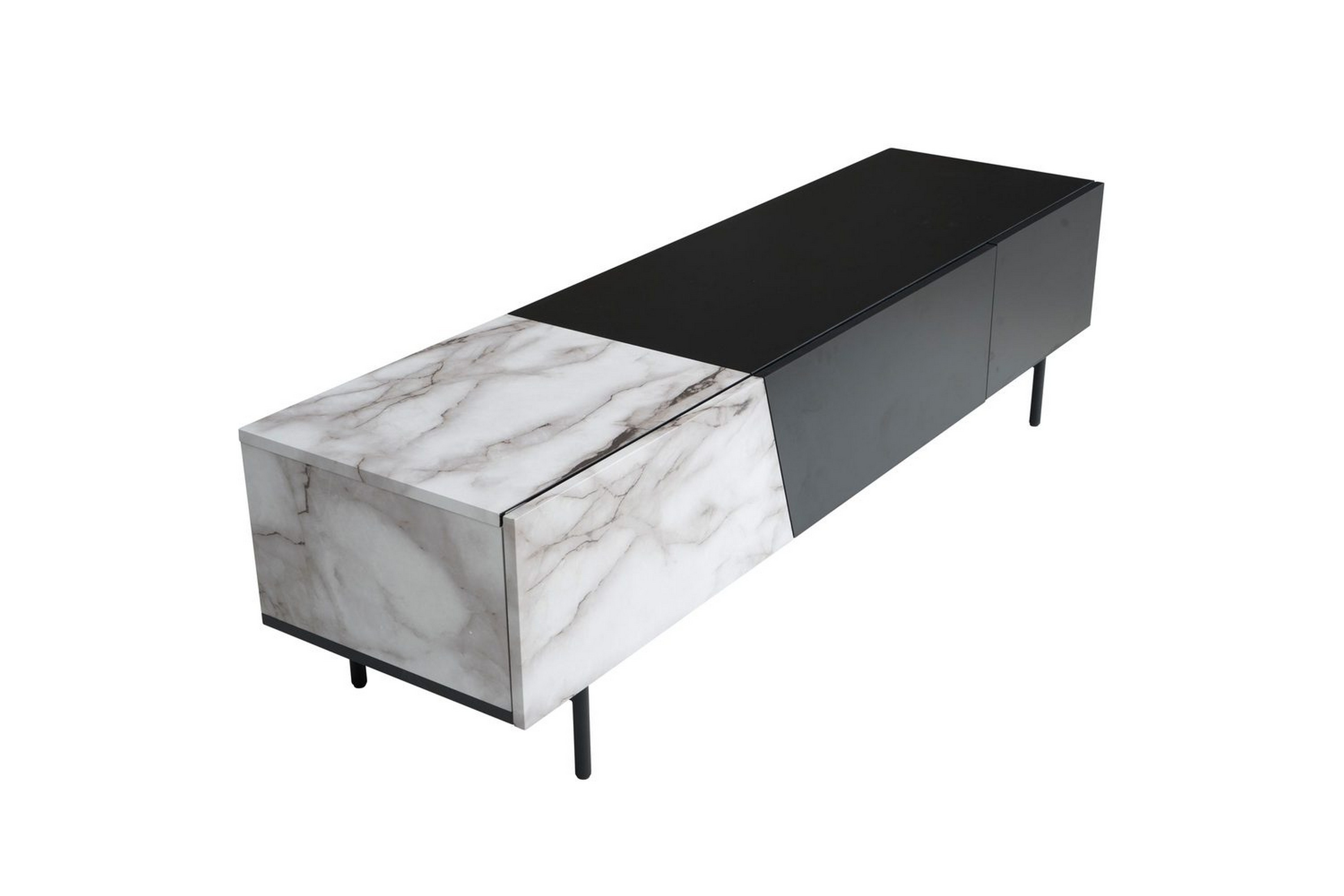 Lowboard Wohnling modernt spånskiva,1 låda och 1 fällbar dörr, metallben, modern stil Svart, marmor vit Svart, marmor vit