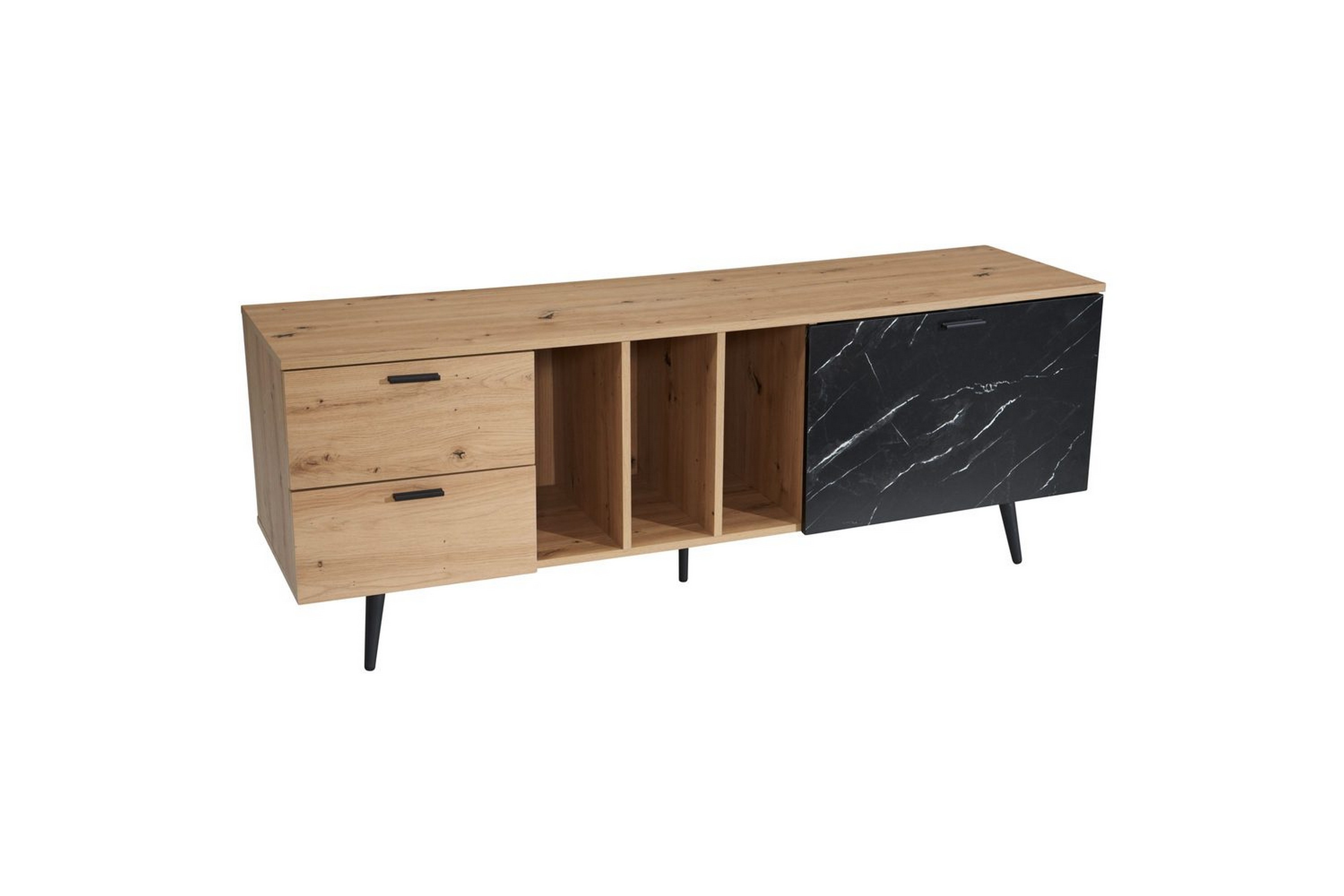Lowboard Wohnling modernt spånskiva,2 lådor,1 dörr, förvaringsbrickor, metallben, modern stil Ek, Marmor, Svart Ek, Marmor, Svart