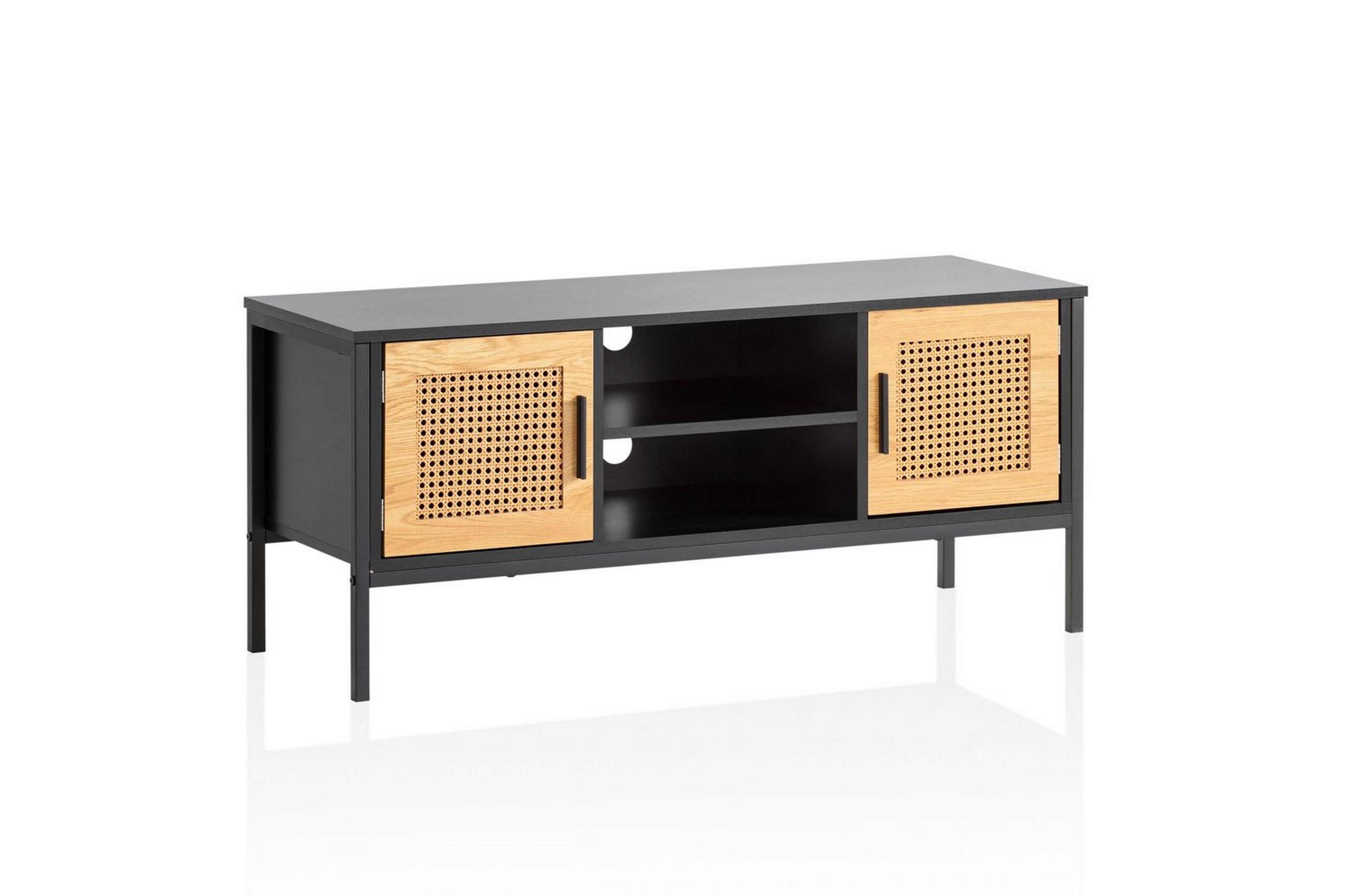 Lowboard Wohnling spånskiva folierad med 2 skjutdörrar, wienflät, modern stil Svart, Ek Svart, Ek