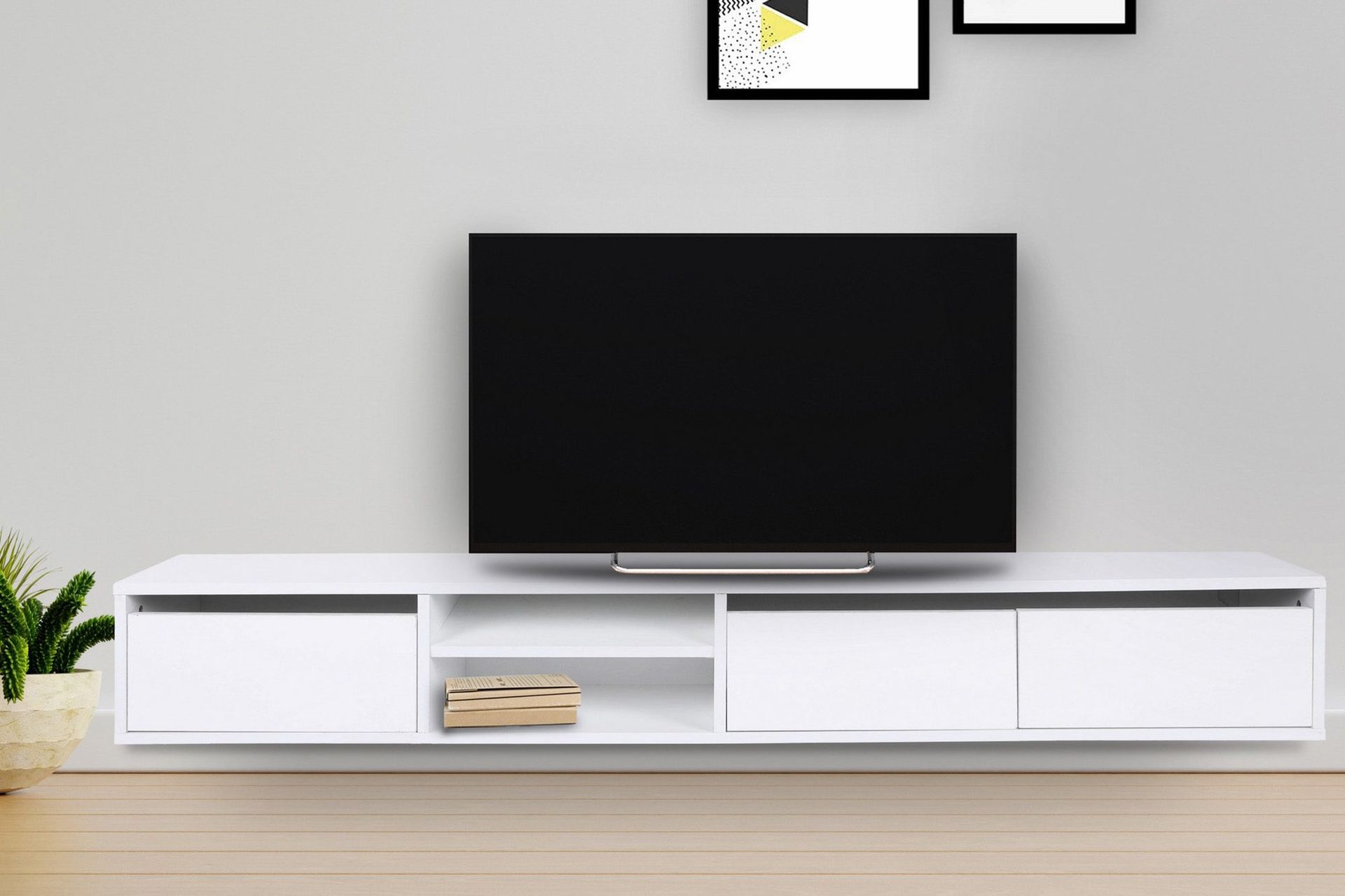 Belgium V&auml;ggh&auml;ngd Tv-b&auml;nk 180 cm med F&ouml;rvaring i M&aring;lat Tr&auml; - Vit