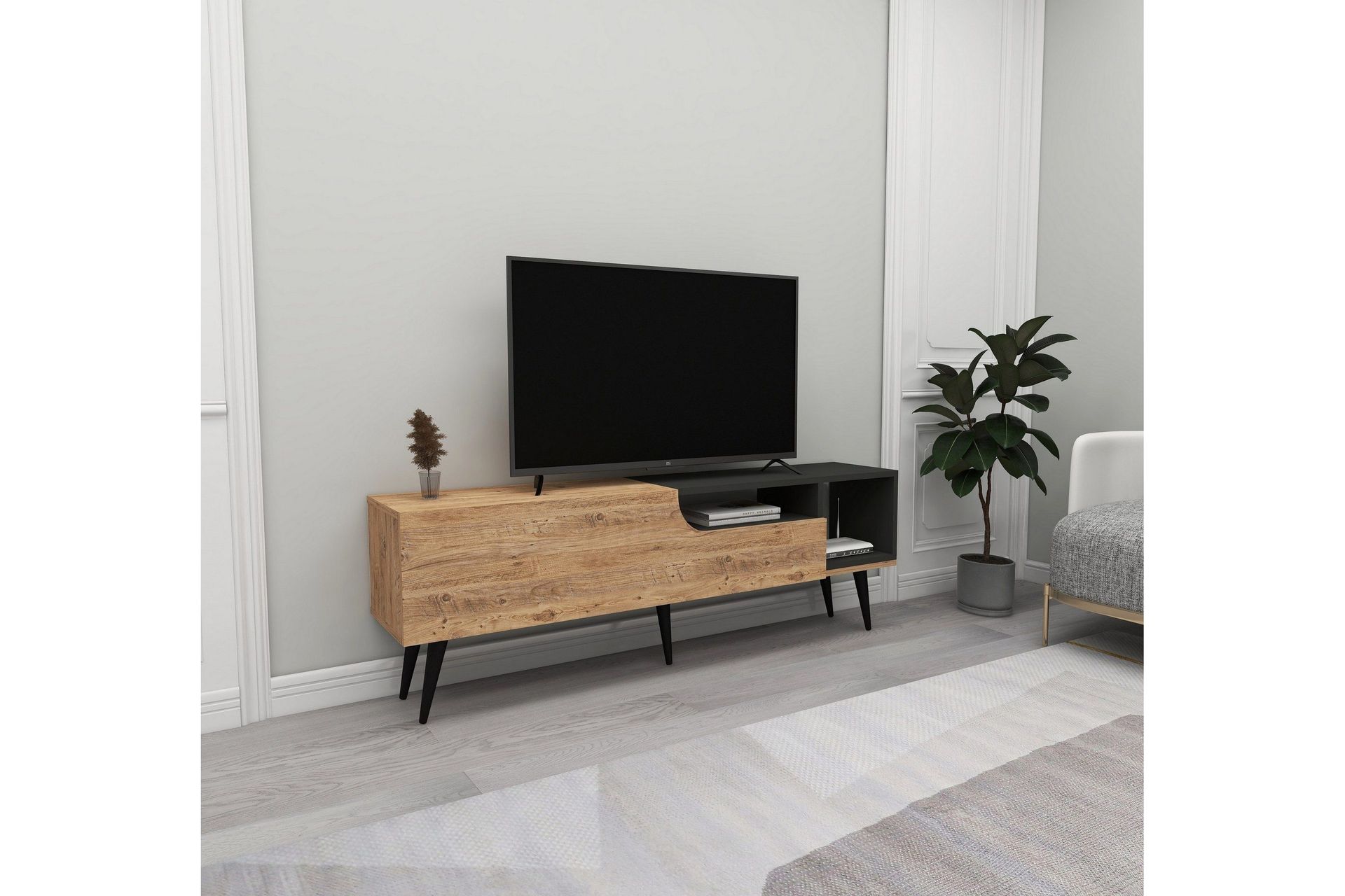 Mul Golvst&aring;ende TV B&auml;nk 150 cm med F&ouml;rvaring i M&ouml;rkt Tr&auml; - Brun