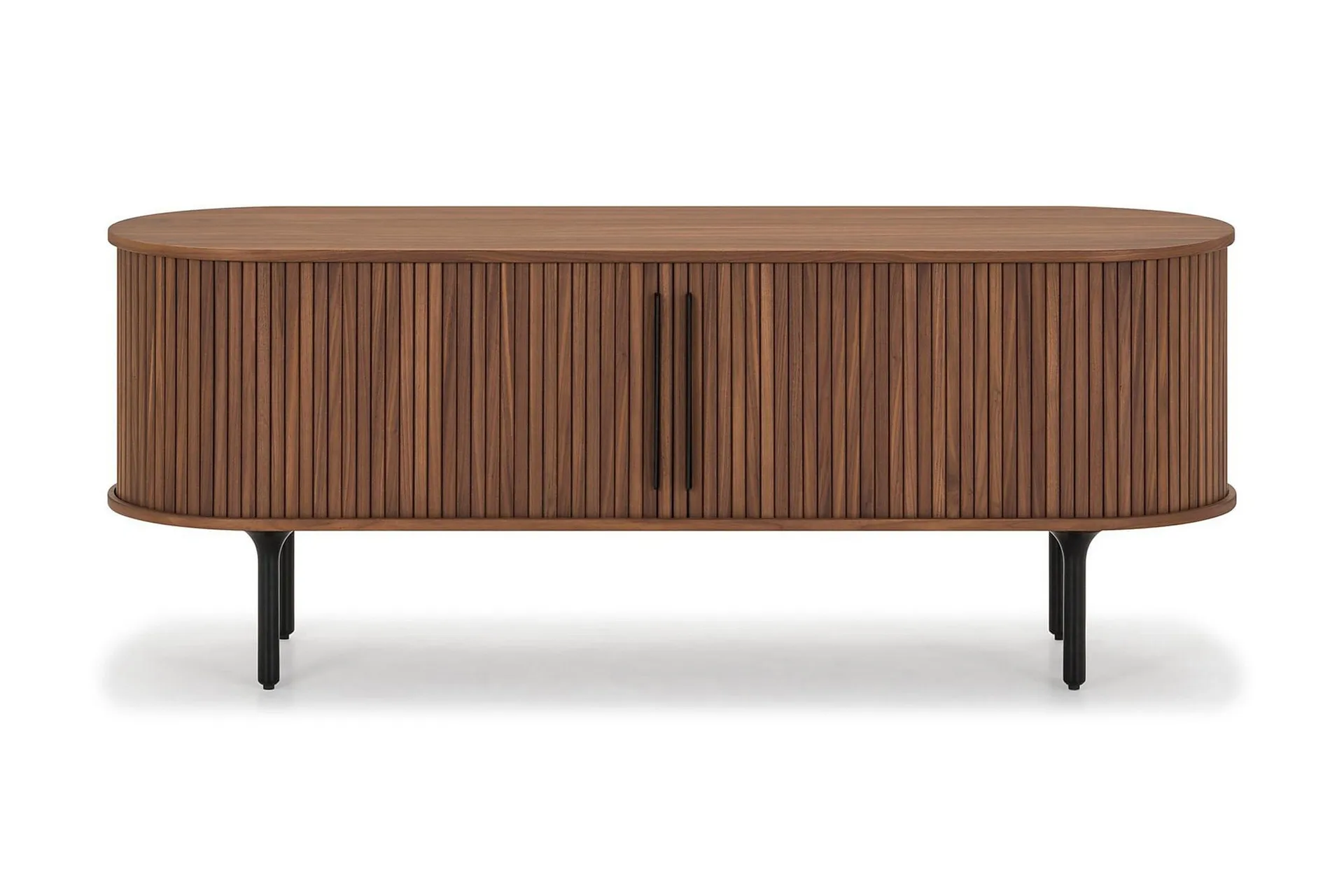 Noira Ribbad Oval TV-b&auml;nk 150 cm med F&ouml;rvaring i Tr&auml; och Valn&ouml;t - Brun