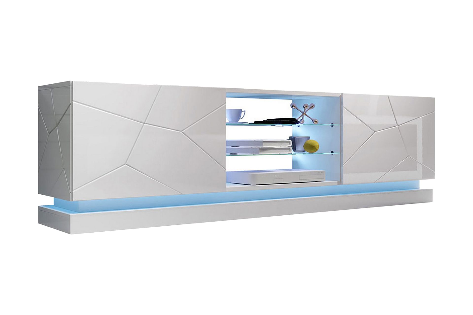 Qiu Tv-b&auml;nk 200 cm - Vit / H&ouml;gglans / Glas