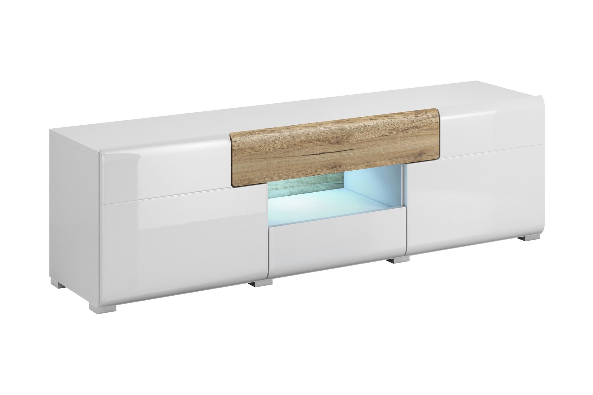 Saran TV-b&auml;nk 159 cm - Ek/Vit h&ouml;gglans