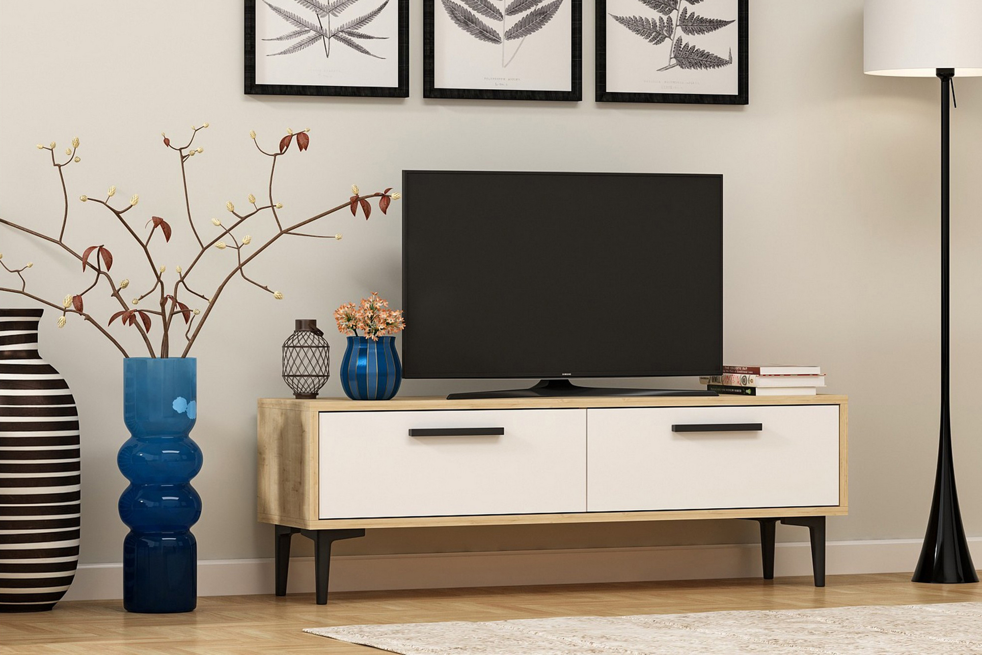 Tv-bänk 120 cm 2 Skåp Natur/Vit/Svart