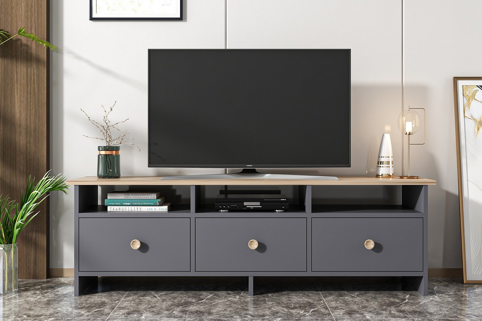 Tv-bänk 150 cm 3 Skåp 3 Hyllor Antracit/Natur