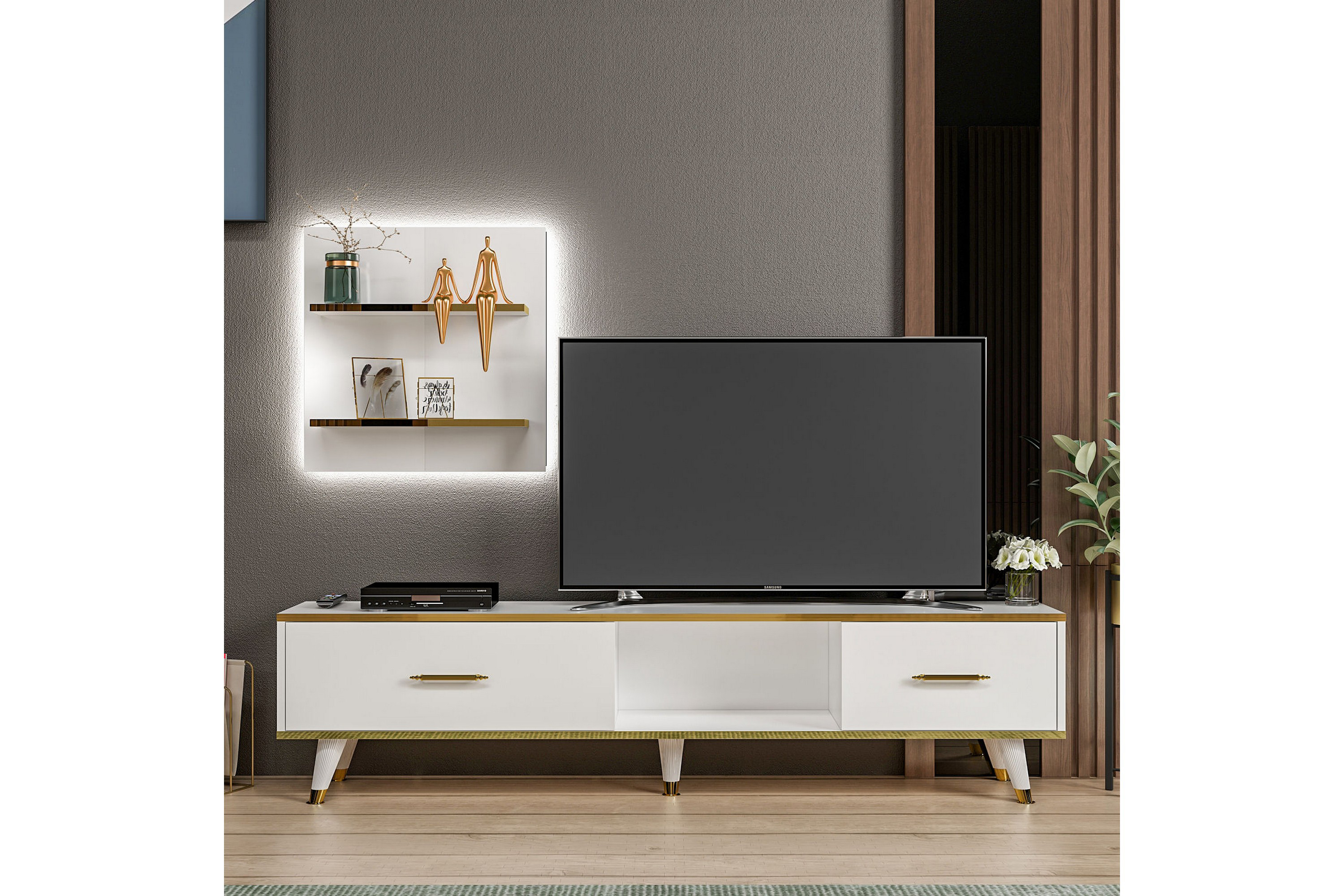 Tv-bänk Demeden 180 cm Vit/Natur
