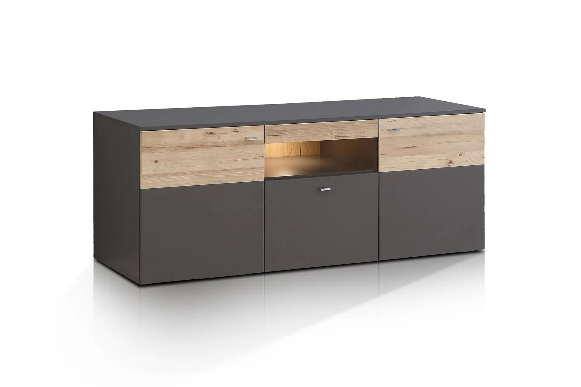 tv-bänk leonie 150 cm 2 dörrar låda inkl belysning - plank ekgrå