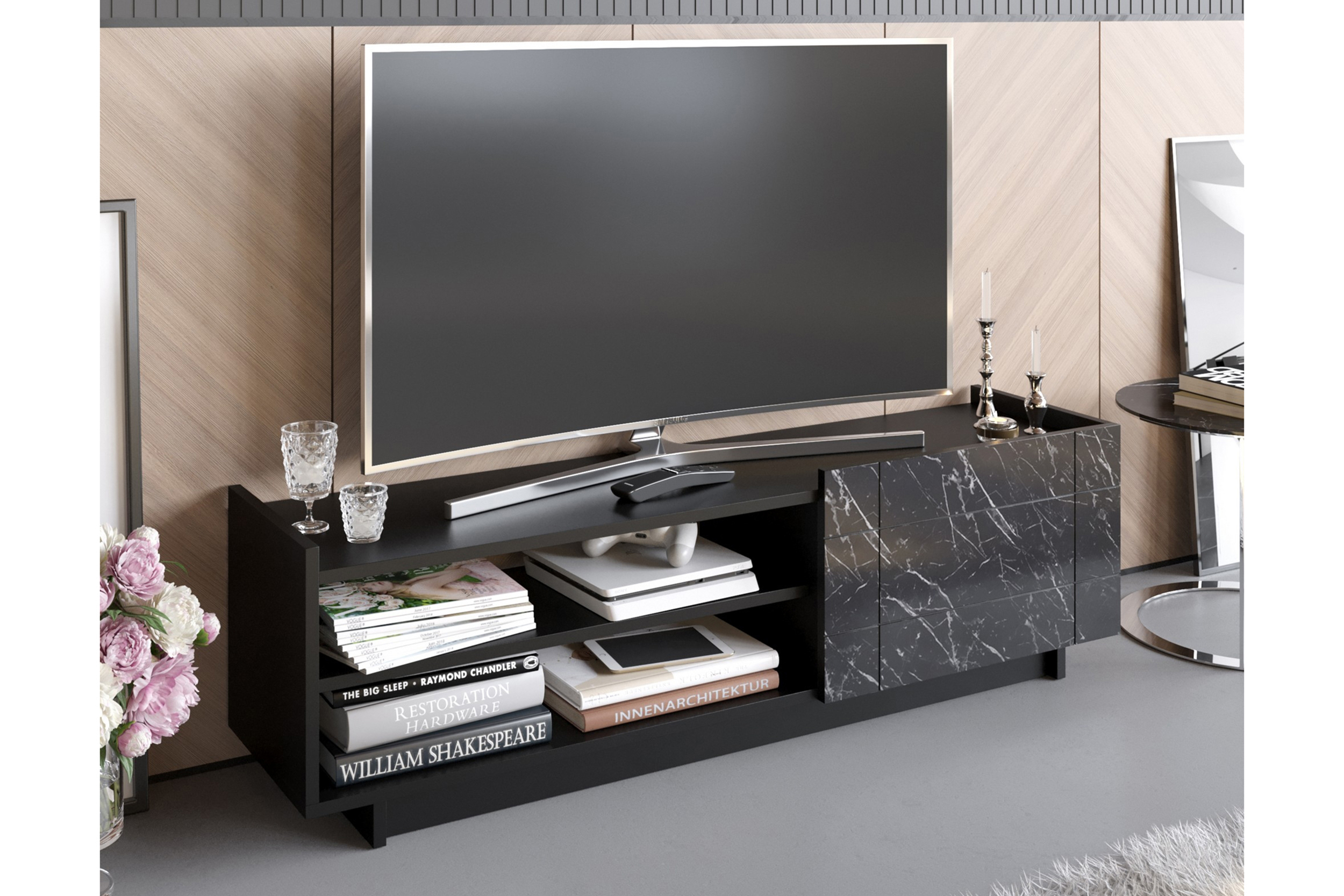 tv-bänk valantina 140 cm dörr + 3 hyllor - svart