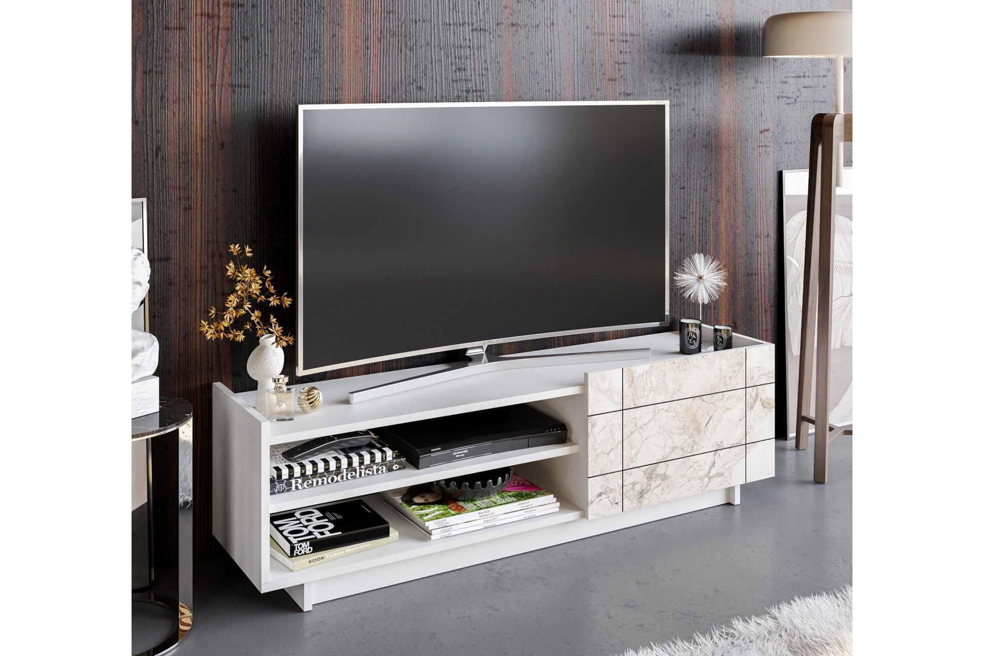 Ulica Tv-b&auml;nk 140 cm D&ouml;rr + 3 Hyllor - Vit