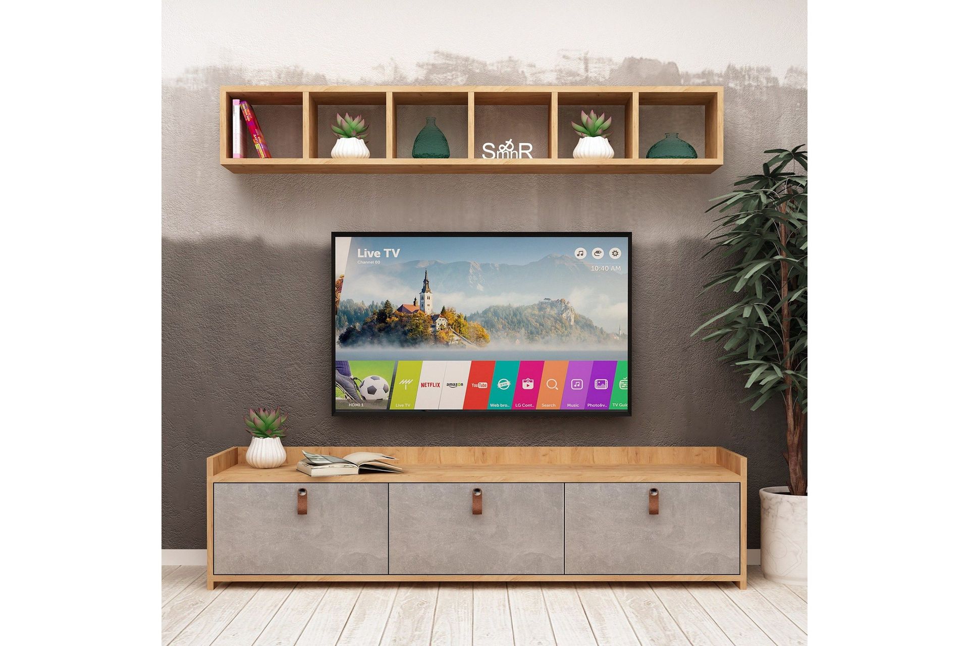 Mod Design Tv-bänk med Vägghylla - Grå/Trä