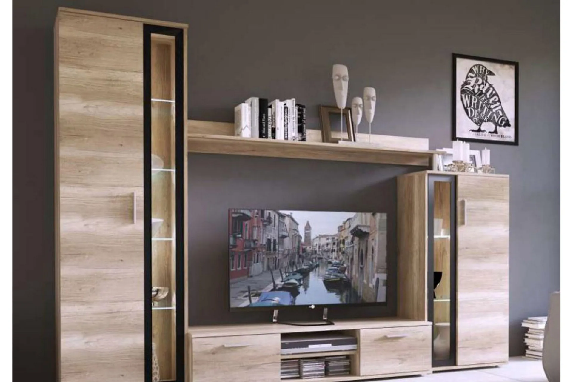 Olerum TV-möbelset - Ek/Svart/Led-Belysning