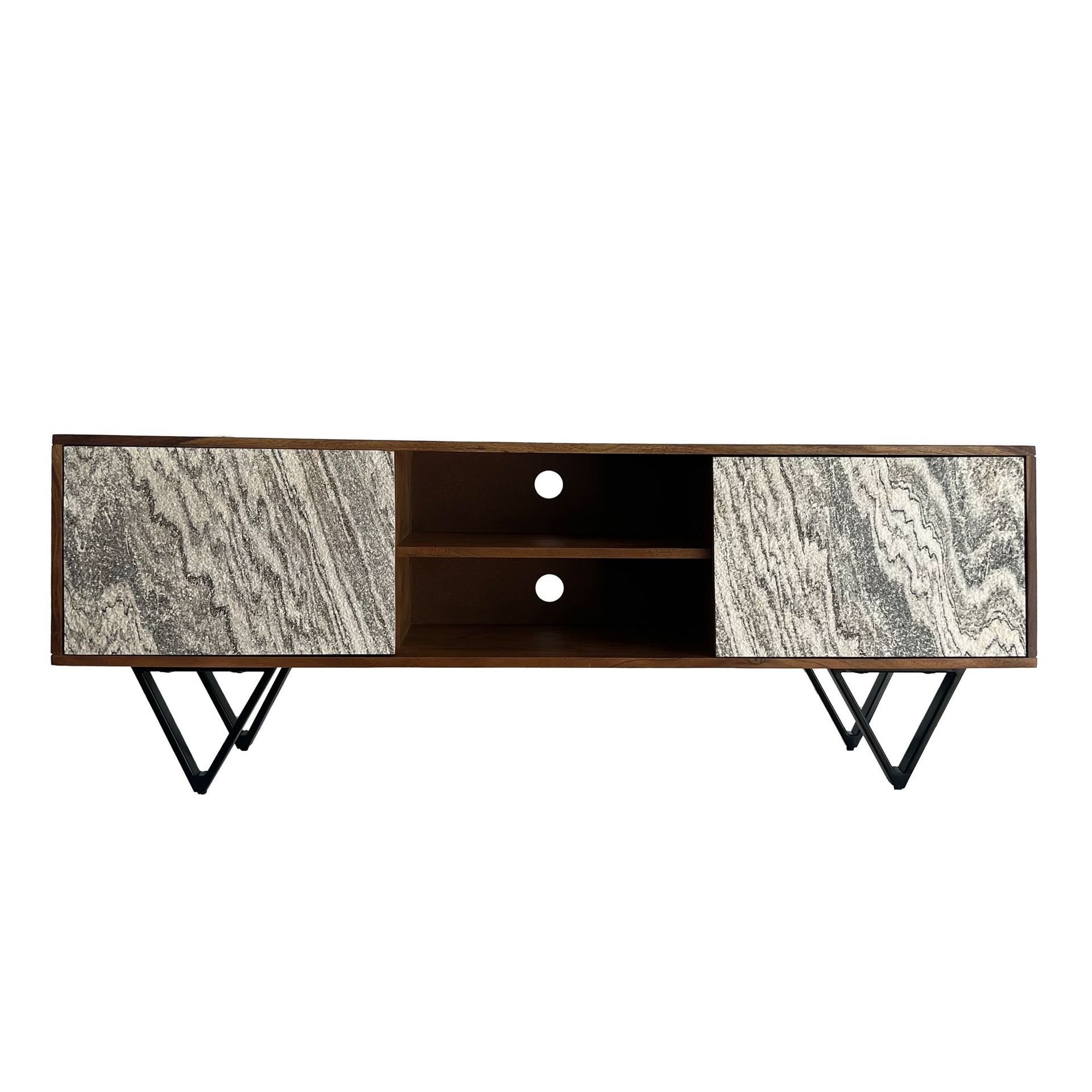 Venlor TV-bänk 150x56x35 cm i massivt sheeshamträ med vit stenlook - Vit