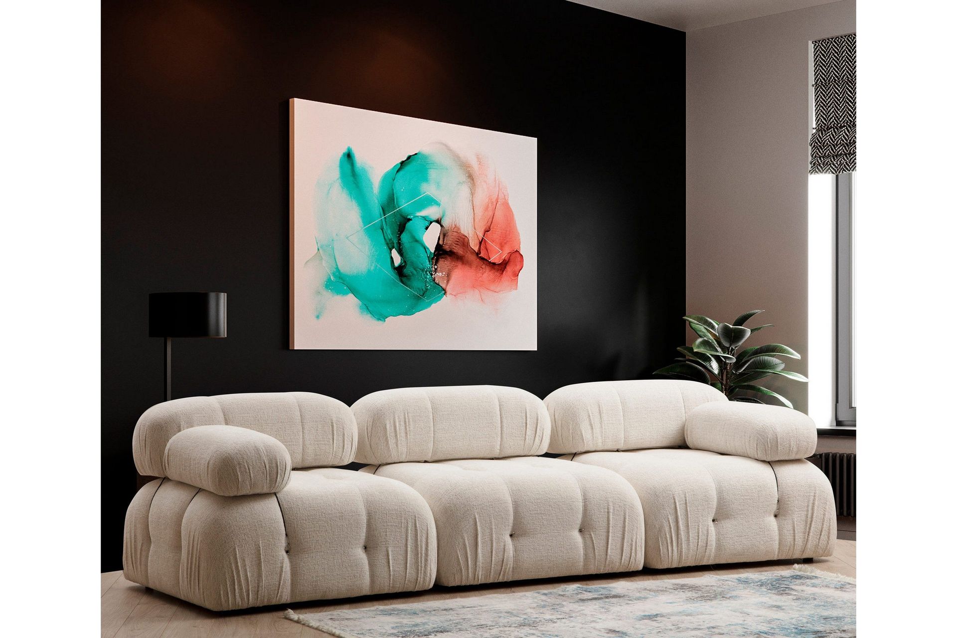 bubblig soffa 3-sits belgin med fasta armstöd och repdetaljer - ljusbeige