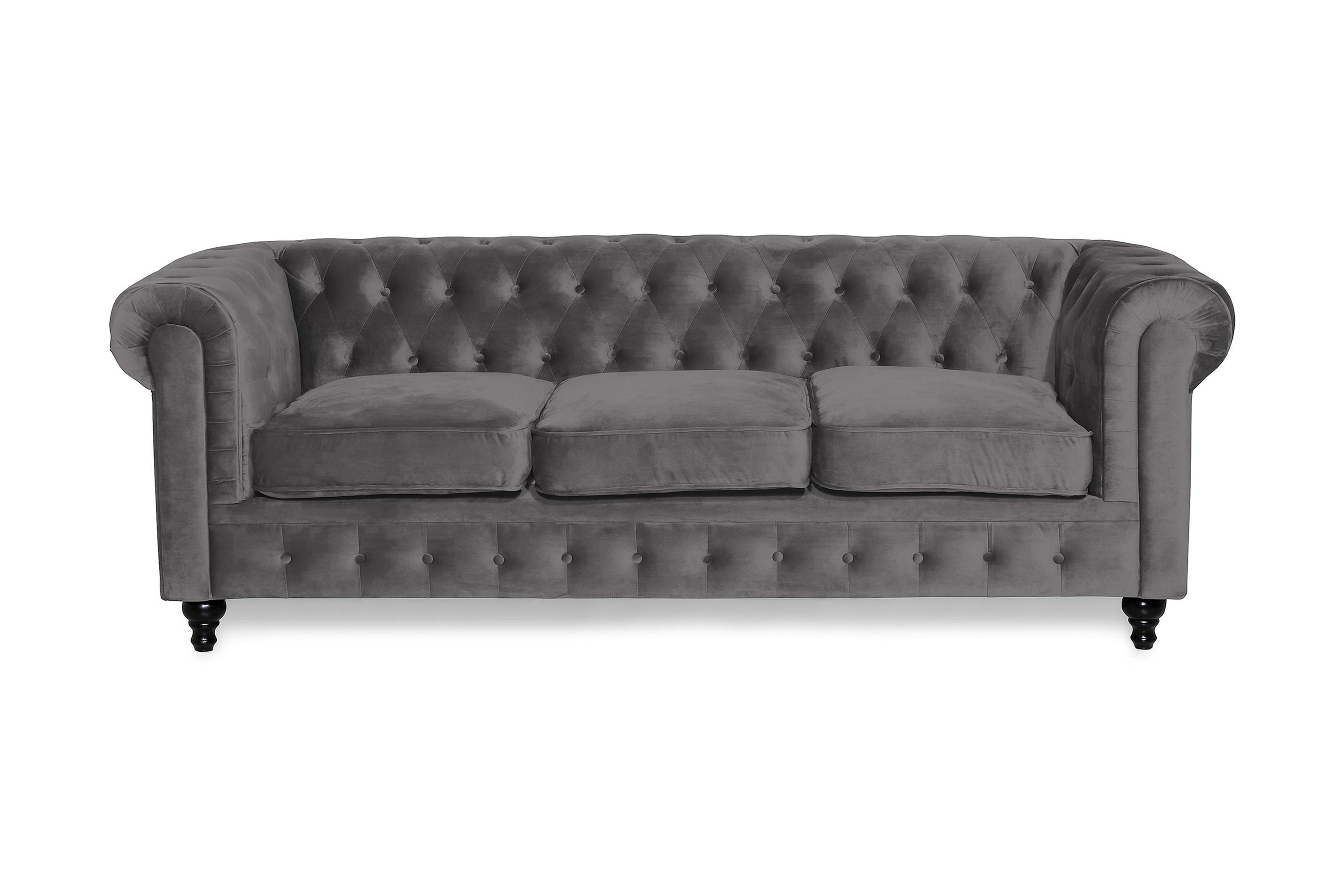 Chesterfield Lyx 3 sits Sammetssoffa Djup soffa Mörkgrå