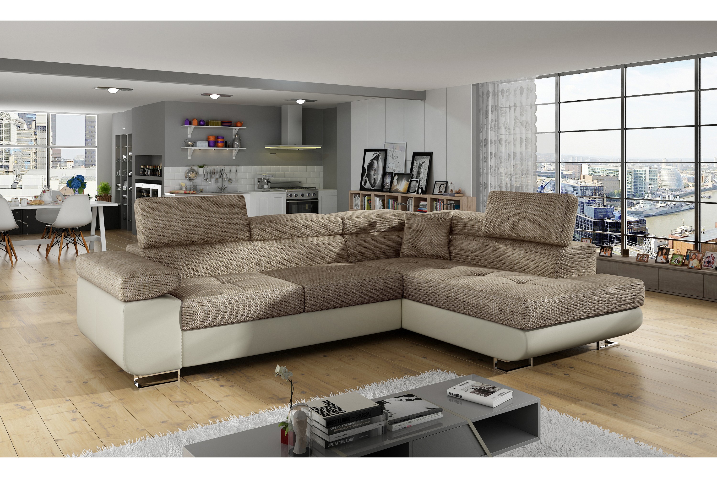 bäddsoffa hipolito med schäslong höger - beige