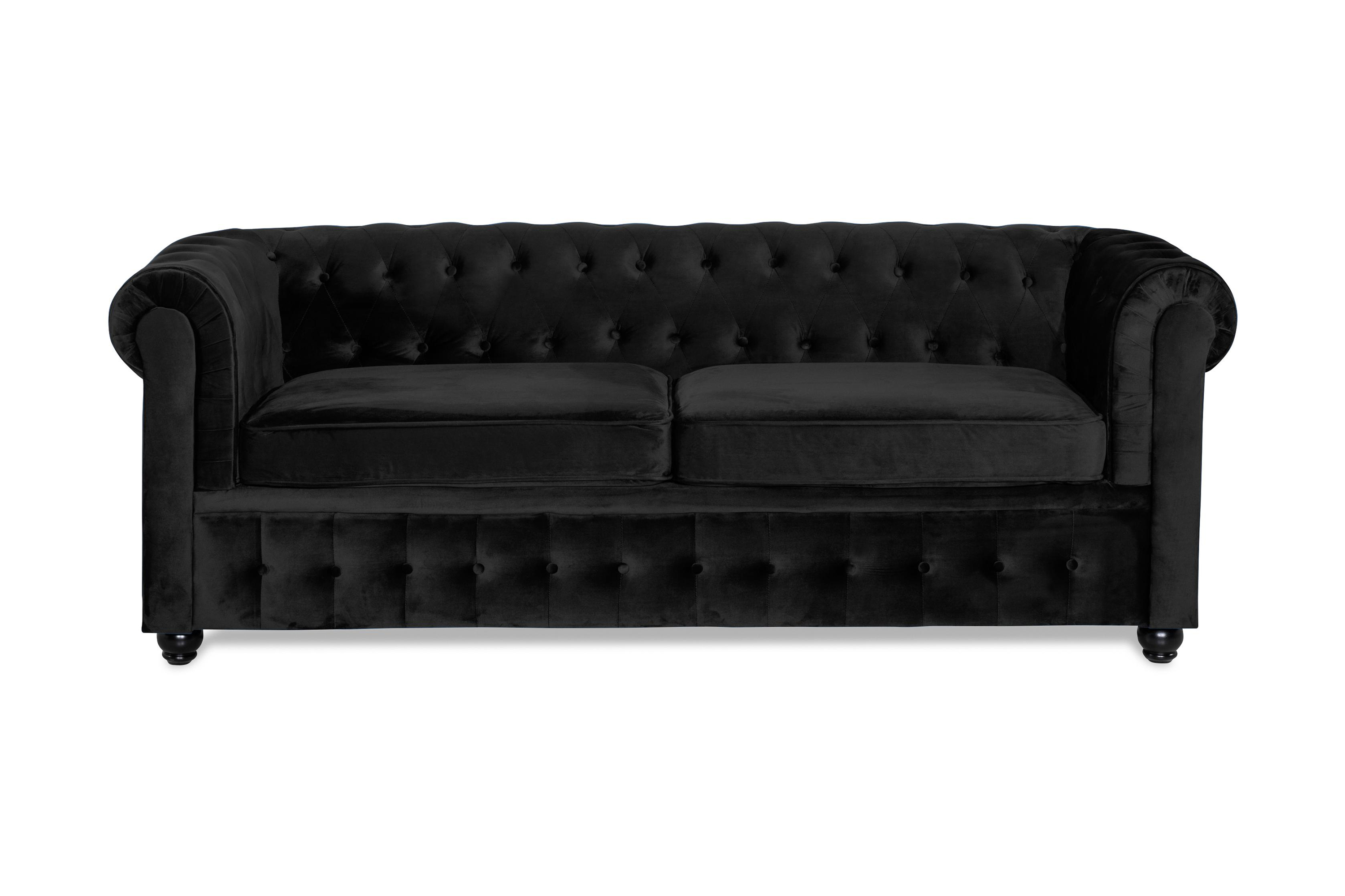 Chesterfield Lyx 3-sits Framåtbäddad bäddsoffa i Sammet Svart