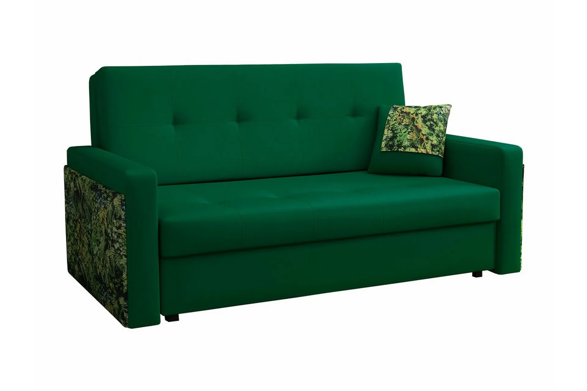 denegal liten 3-sits bäddsoffa framåtbäddad i plysch - mörkgrön