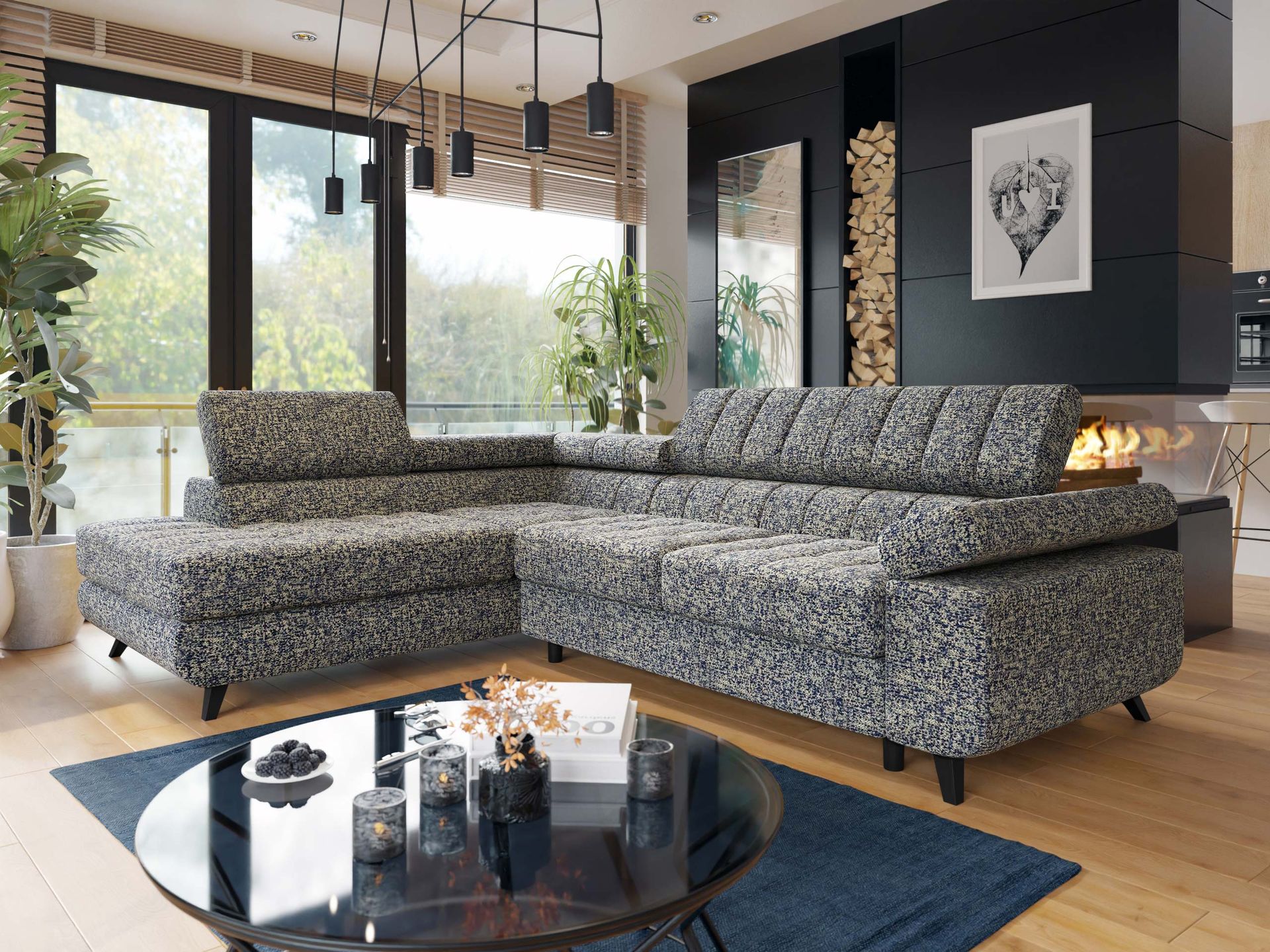 Amshyttan Bäddsoffa med Schäslong 4-sits - Blå