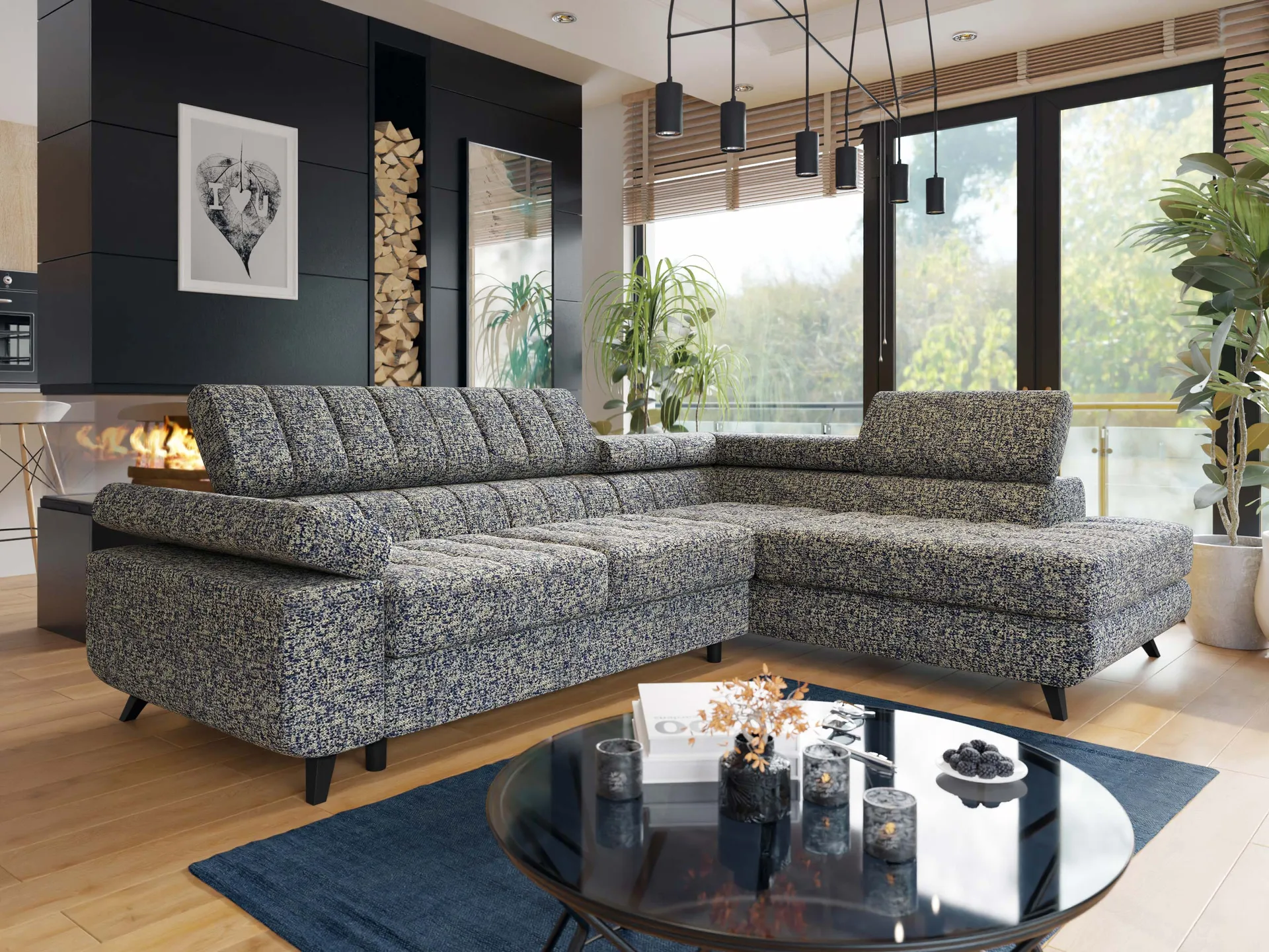 Amshyttan Bäddsoffa med Schäslong 4-sits - Blå