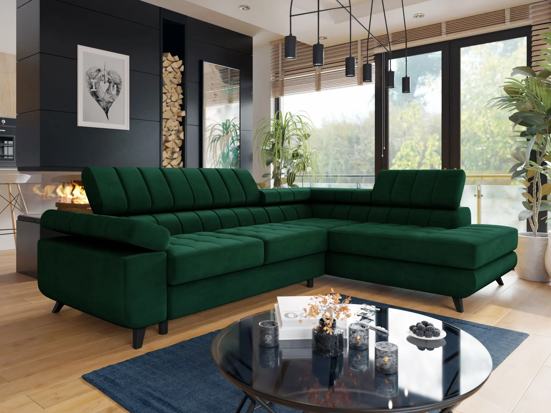 Amshyttan Bäddsoffa med Schäslong 4-sits - Grön