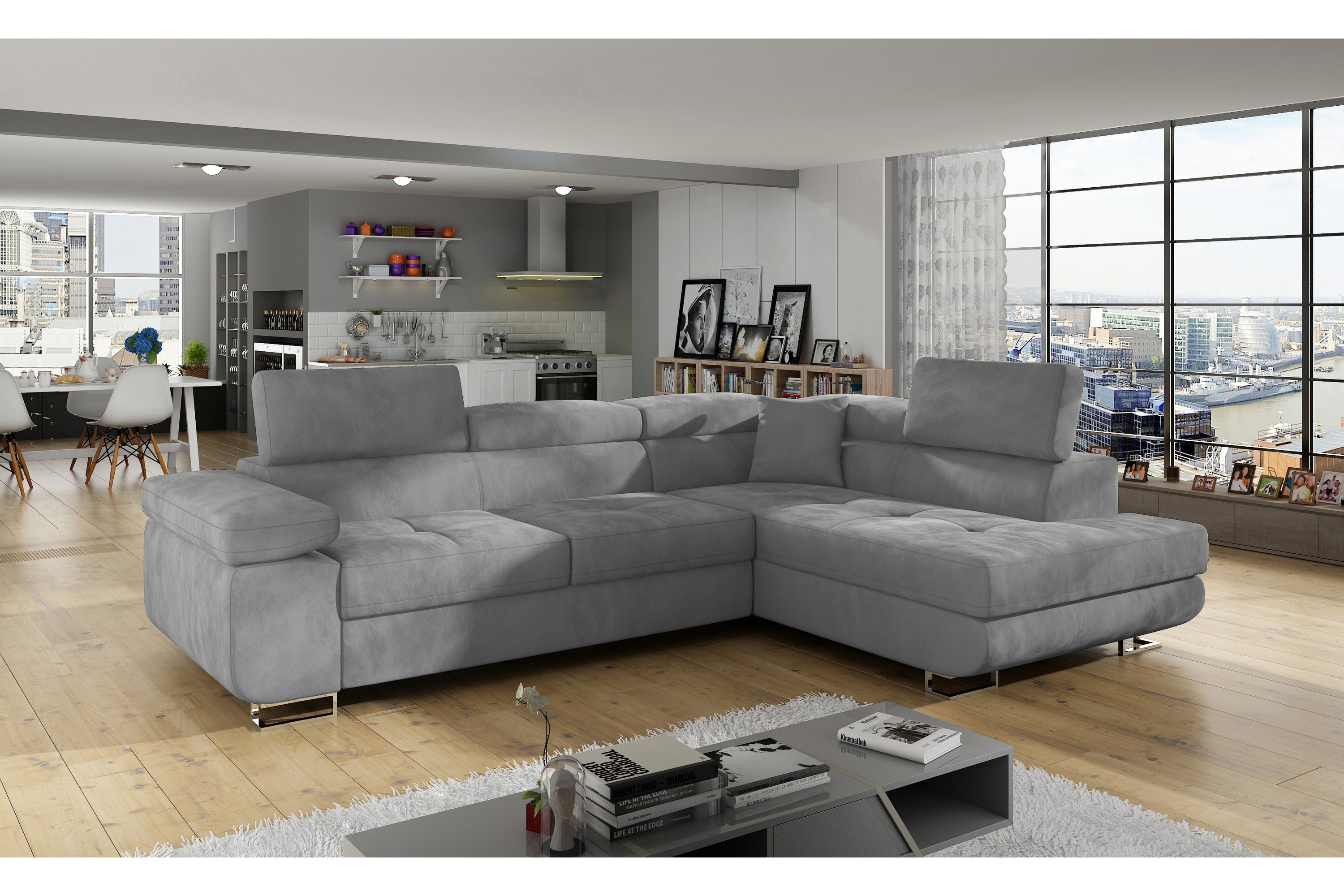 bäddsoffa hipolito med schäslong höger - grå