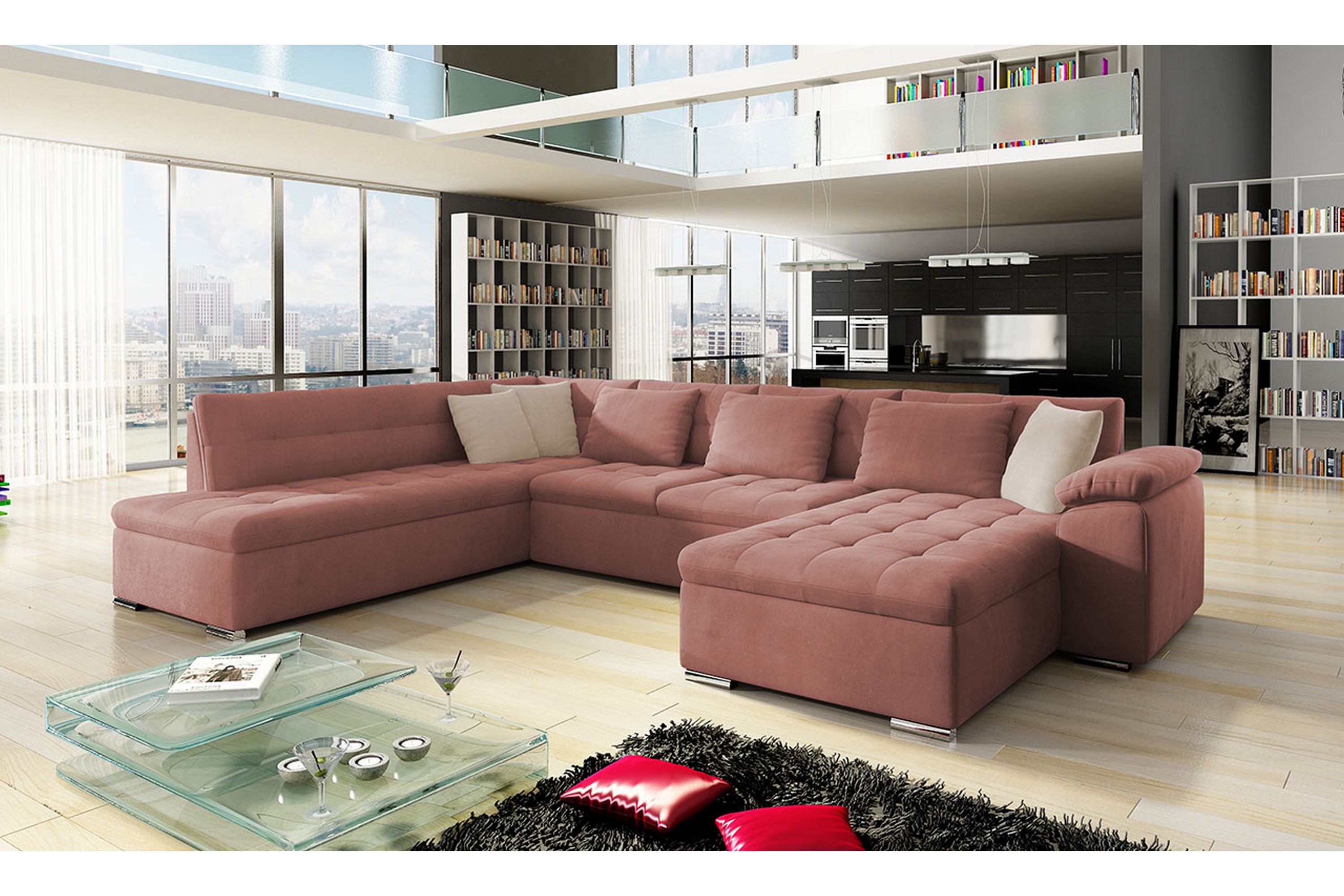 Bäddsoffa m-Divan och Schäslong Sororia 4-sits Rosa