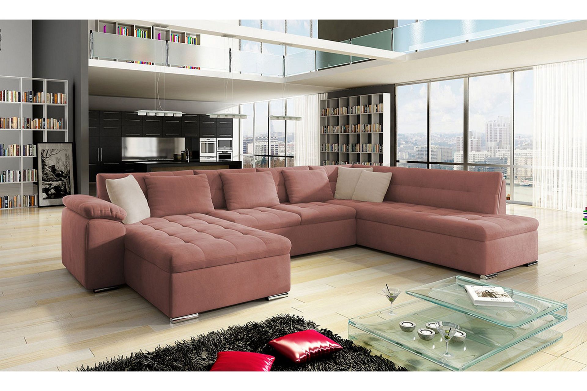 Dynir B&auml;ddsoffa m. Divan och Sch&auml;slong 4-sits med F&ouml;rvaring - Rosa