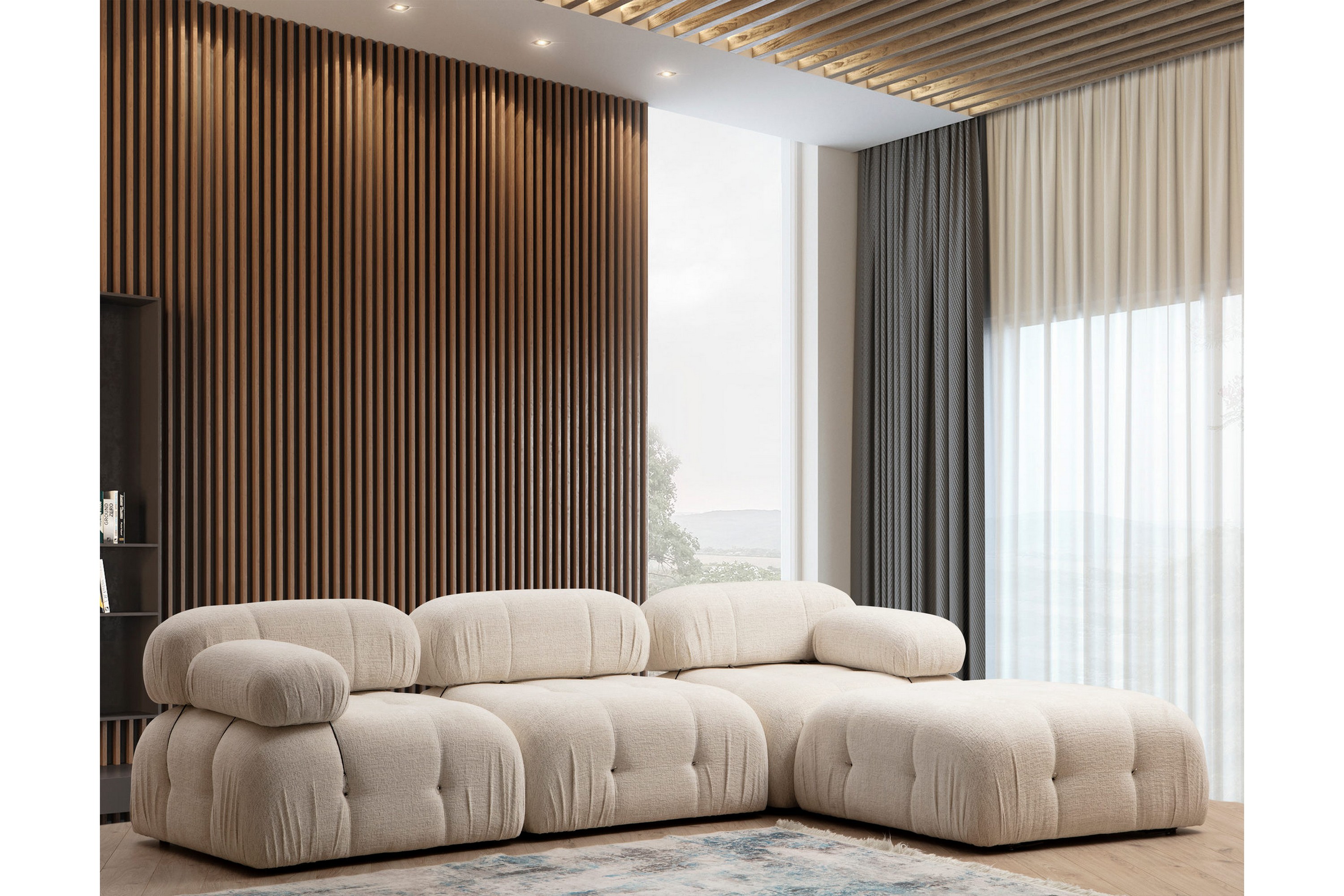 bubblig divansoffa 3-sits belgin 288 cm med fasta armstöd och repdetaljer - ljusbeige