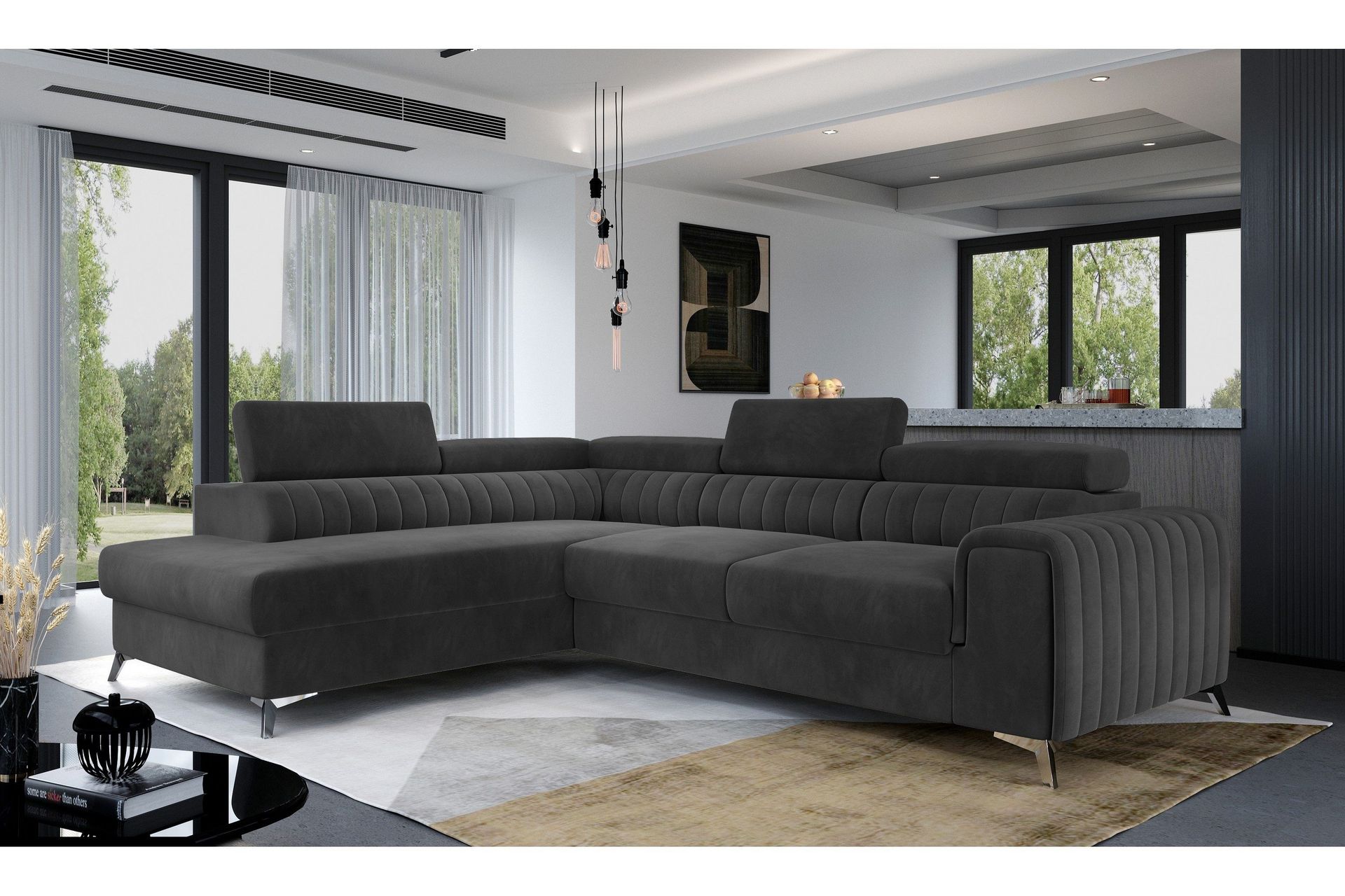Laurece 3-sits V&auml;nster L-formad Sch&auml;slongsoffa med Divan i Plysch - Gr&aring;