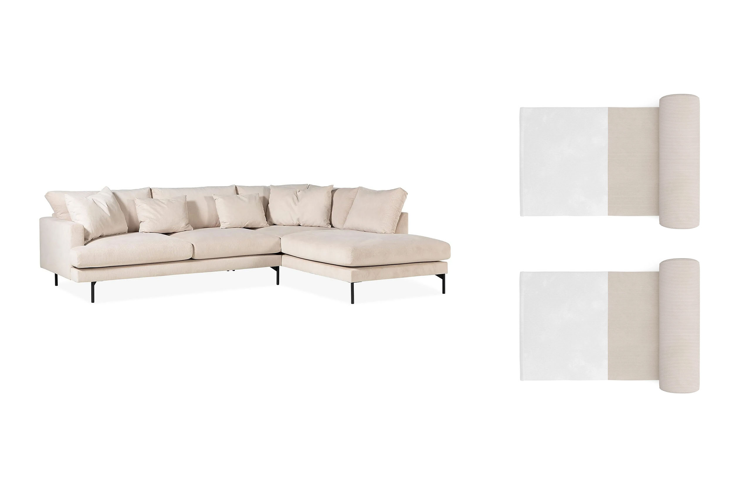 Menard 4-sits Högervänd L-formad Schäslongsoffa i Manchester med 2 Nackkuddar Beige