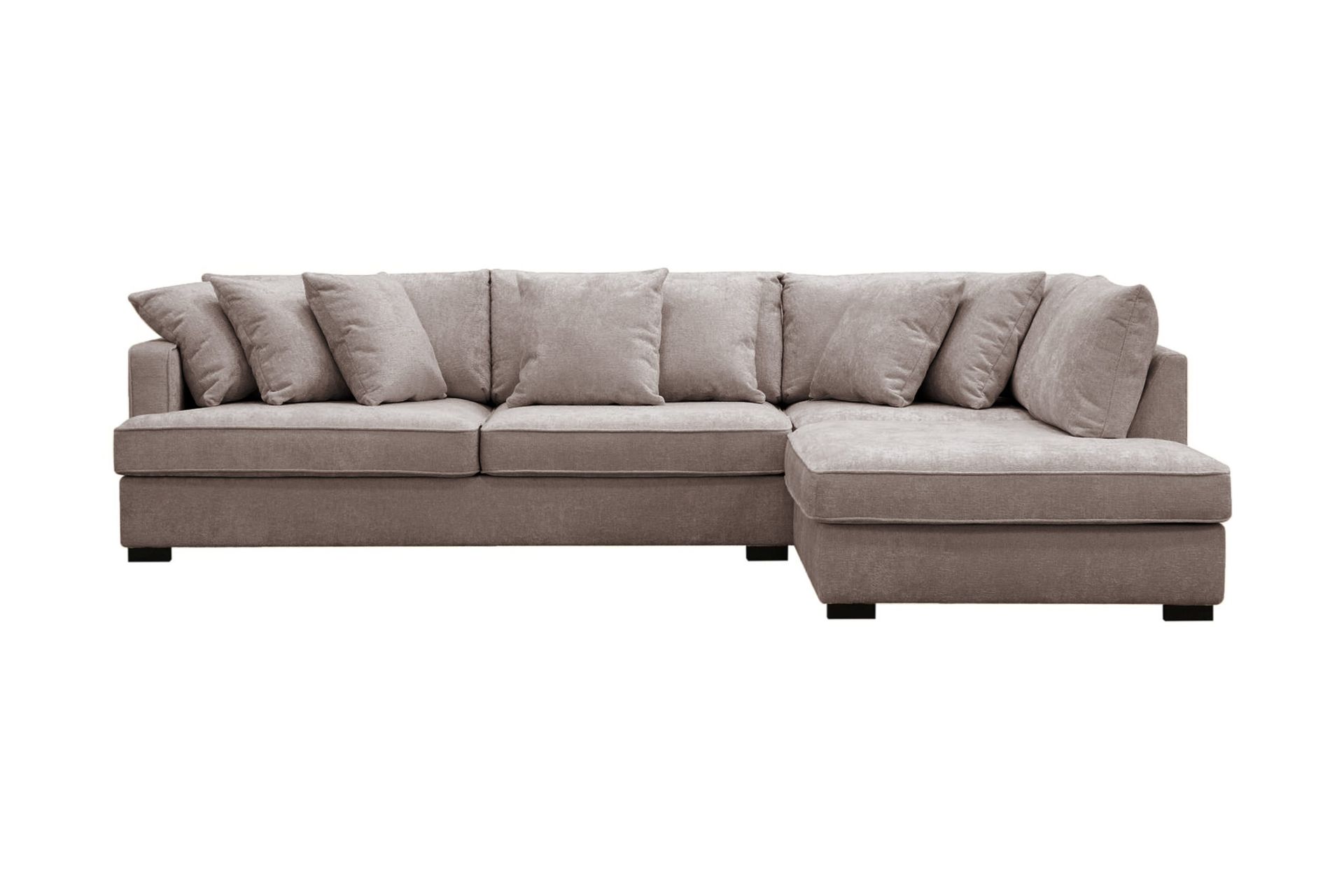 Rossita 4-sits H&ouml;gerv&auml;nd L-formad Djup Sch&auml;slongsoffa i Chenille - Trenza 08, Gr&aring;/Brun Chenille
