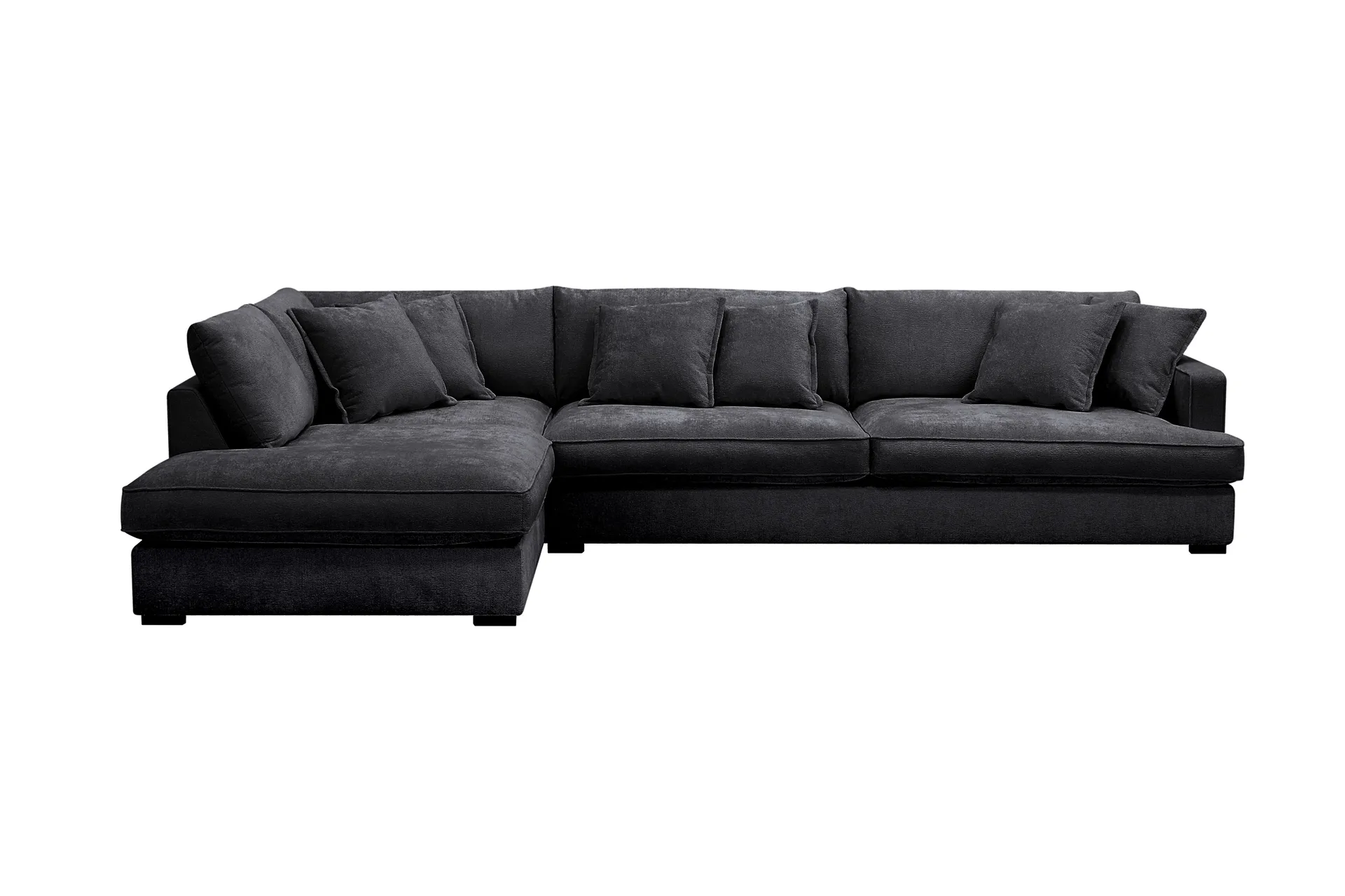 Rossita Lyx 4-sits V&auml;nsterv&auml;nd L-formad Extra Djup Sch&auml;slongsoffa i Chenille - Svart Chenille