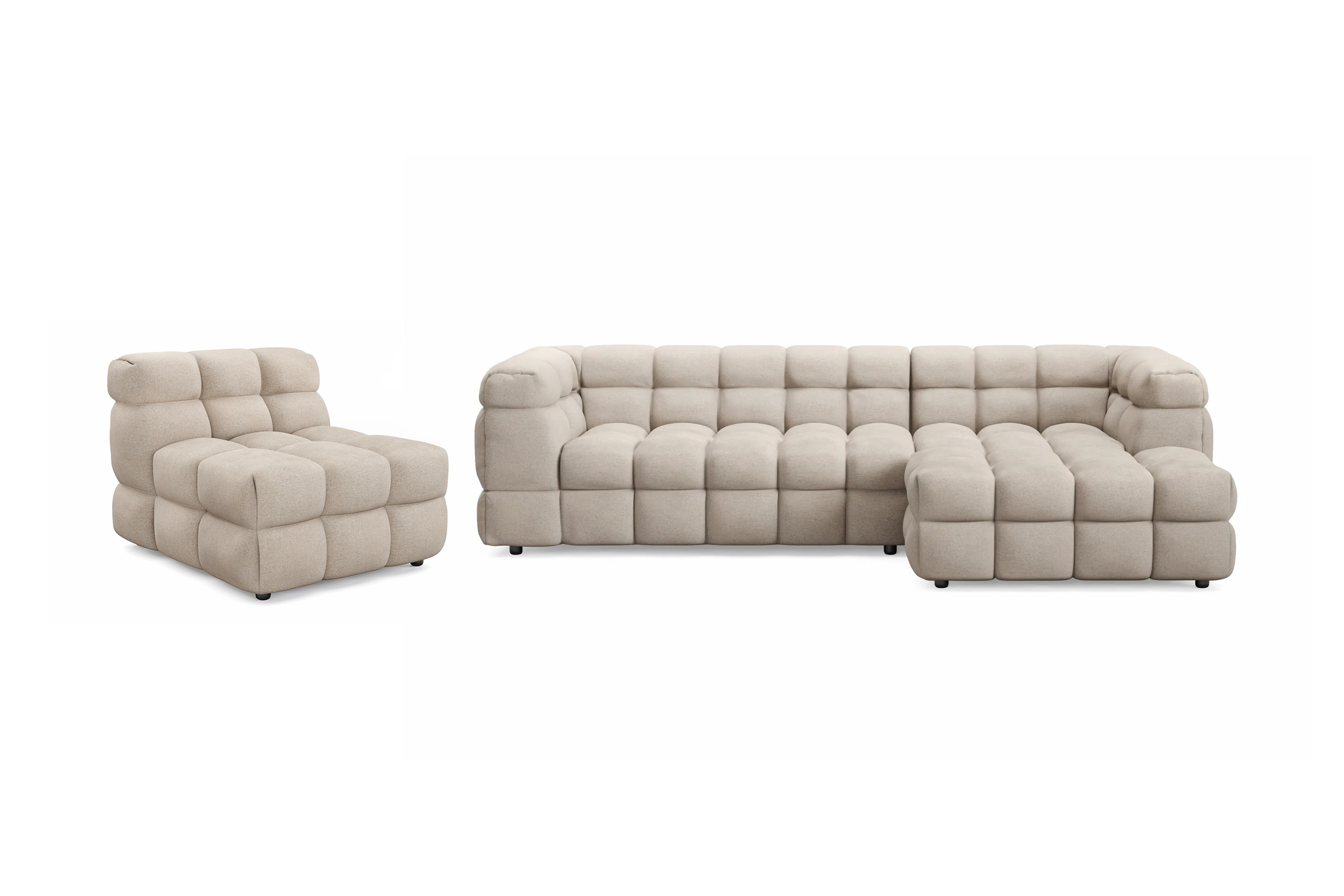 Elise Bubblig Soffgrupp 3-sits Divansoffa Höger Fåtölj Beige