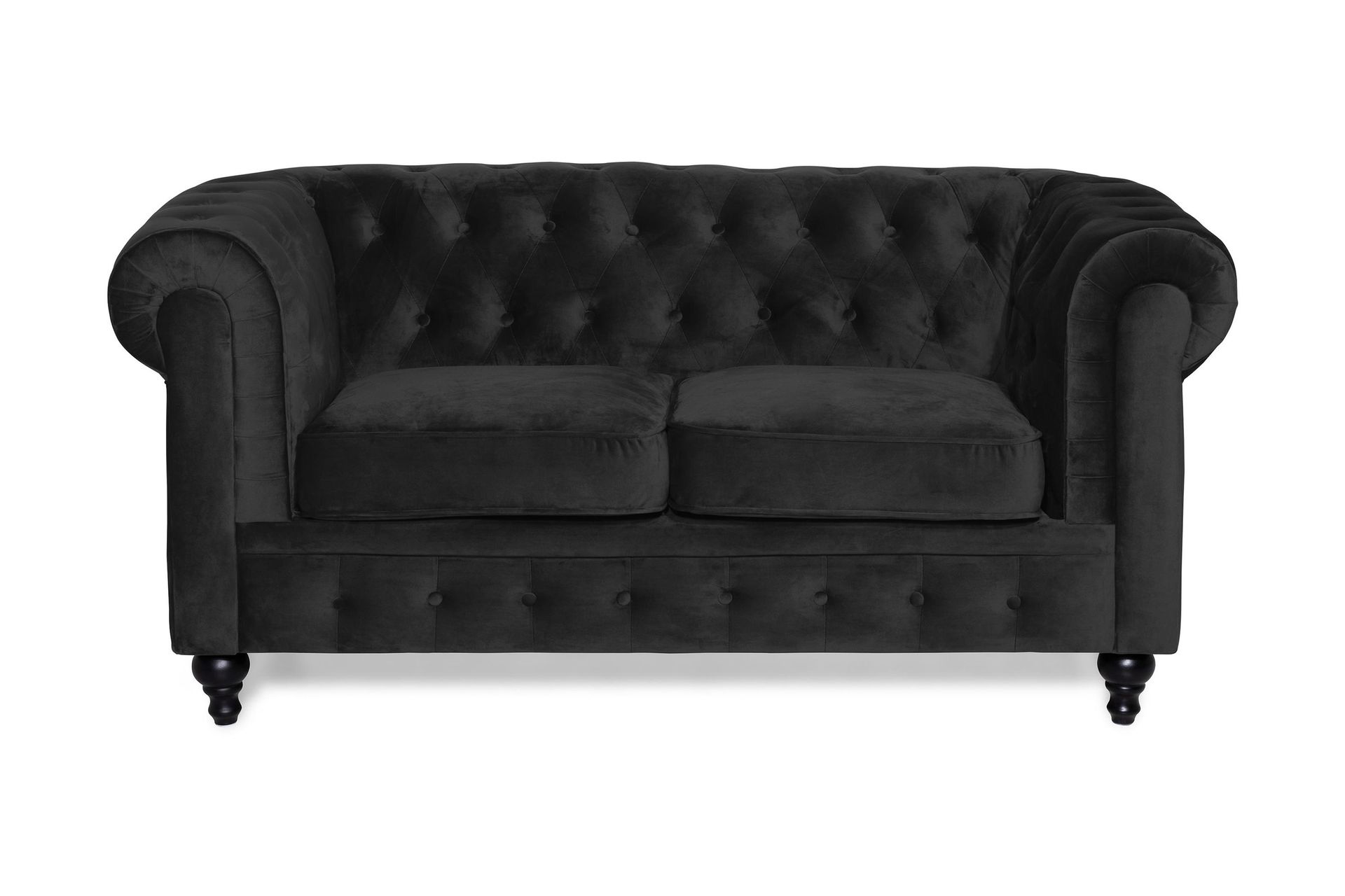 chesterfield lyx 2-sits liten sammetssoffa - djup soffa 160 cm bred - svart