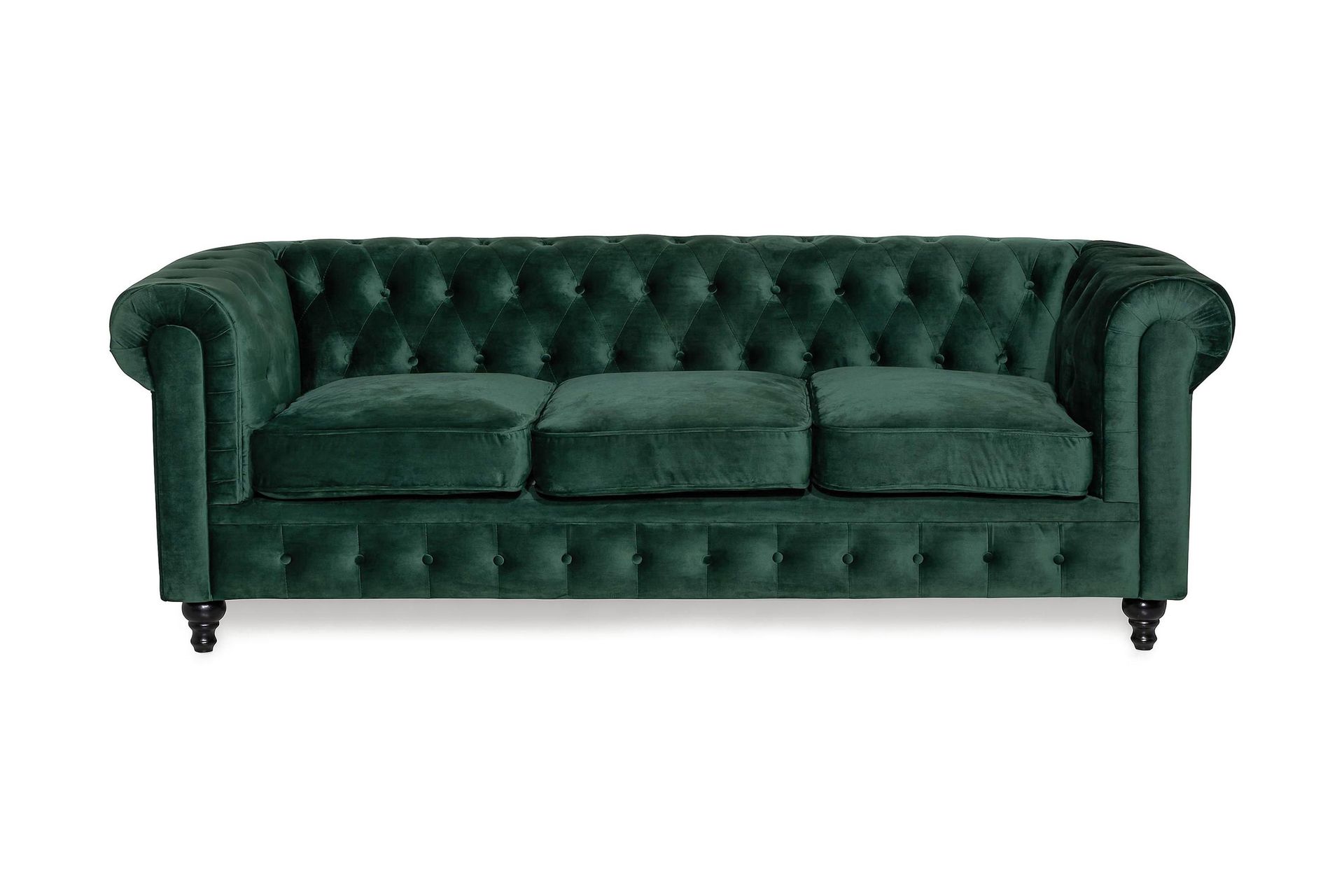 chesterfield lyx 3 sits sammetssoffa - djup soffa - mörkgrön / grön