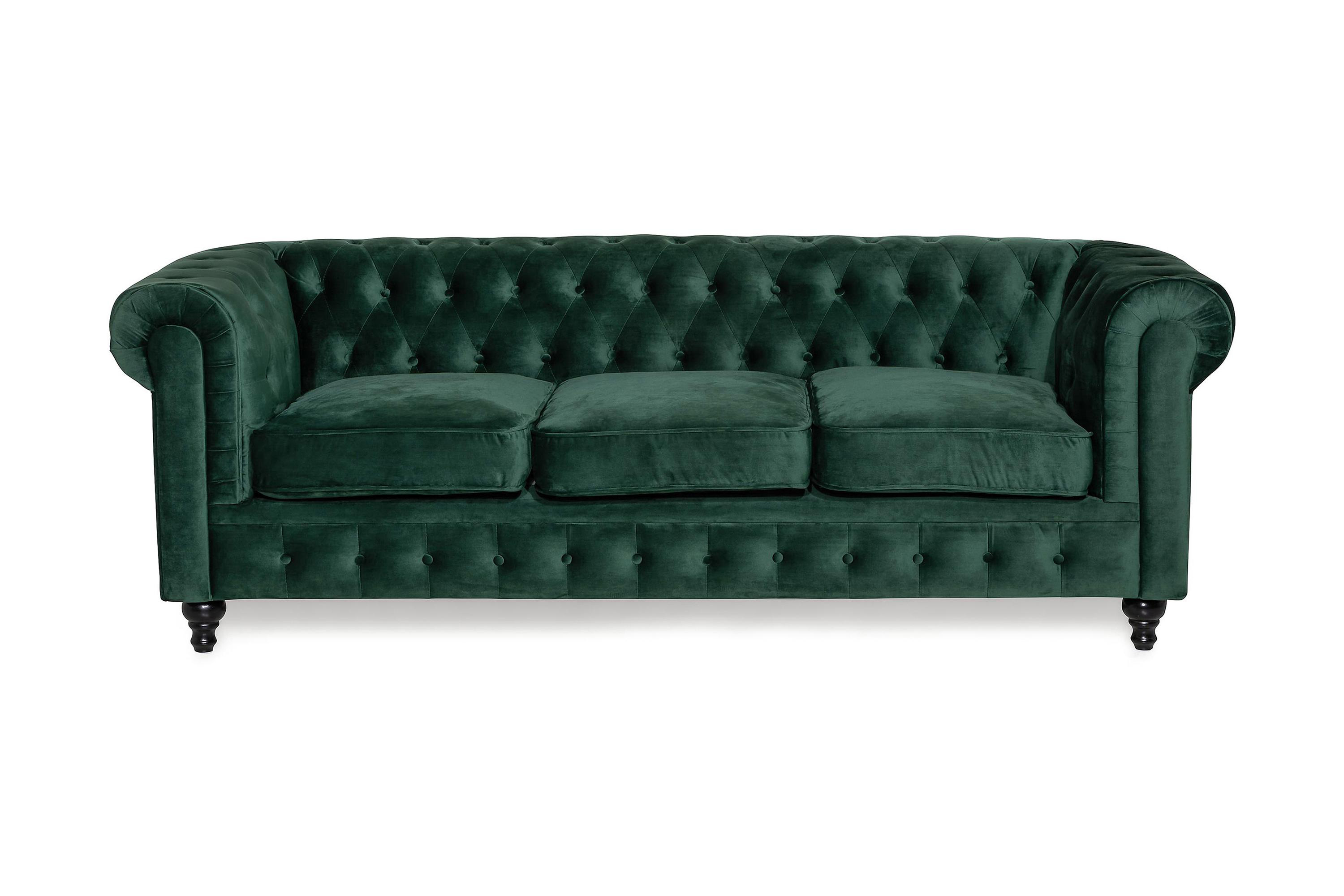 Chesterfield Lyx 3 sits Sammetssoffa Djup soffa Mörkgrön