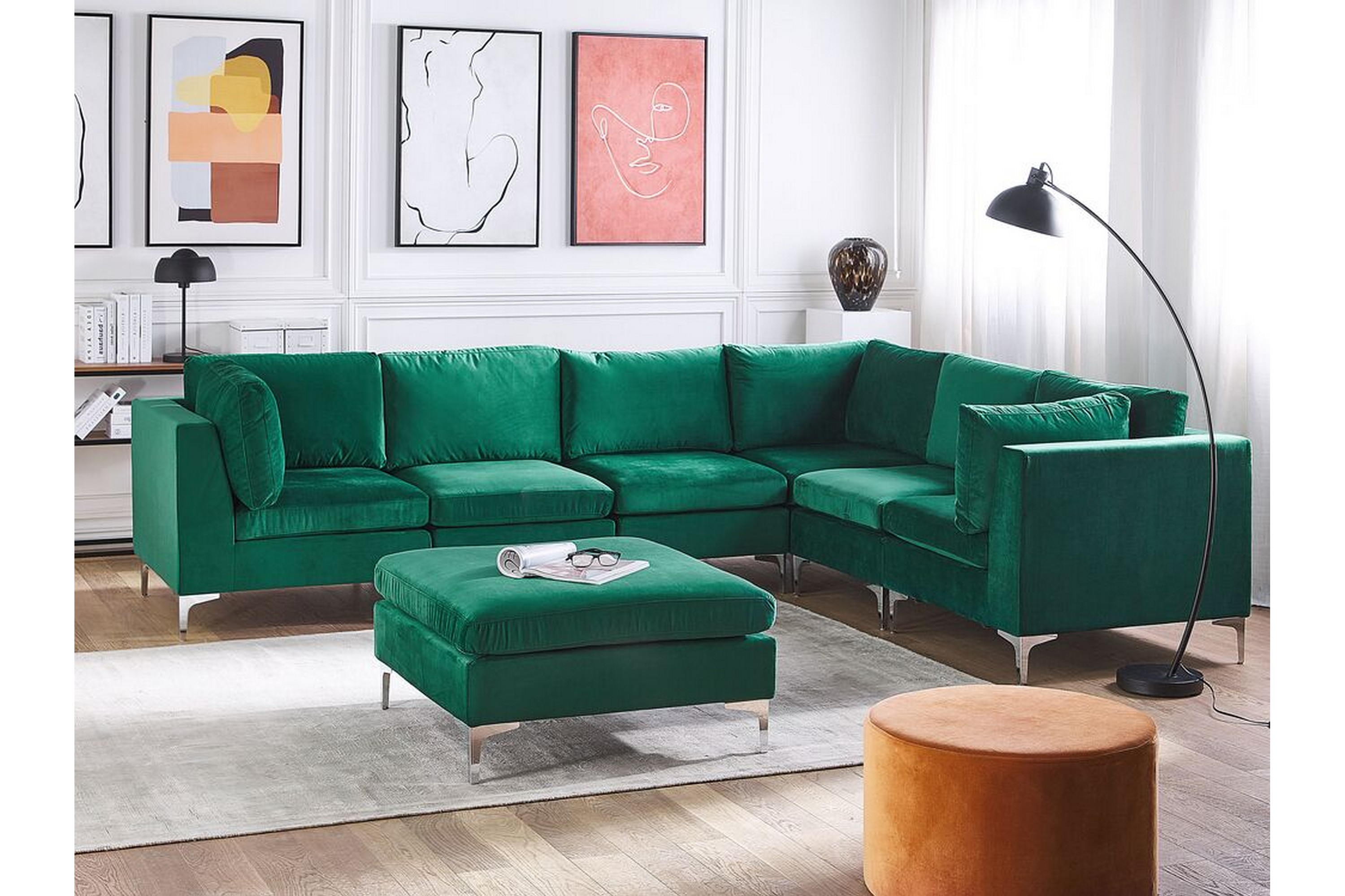 6-sits Hörnsoffa Samkom Vänster med Fotpall Sammet/Grön