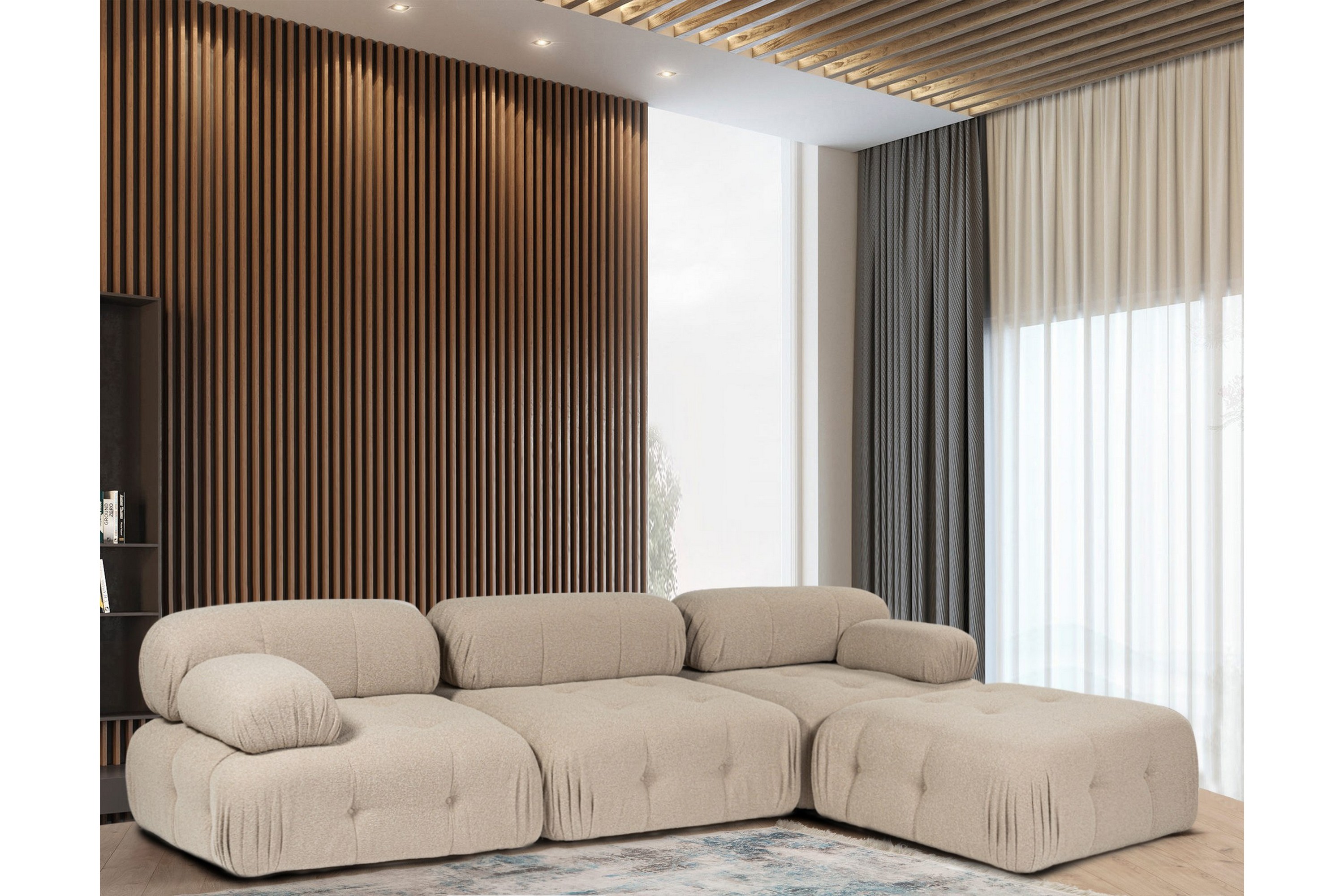 bubblig hörnsoffa belgin 3-sits med utfällbara armstöd och ryggstöd - peach